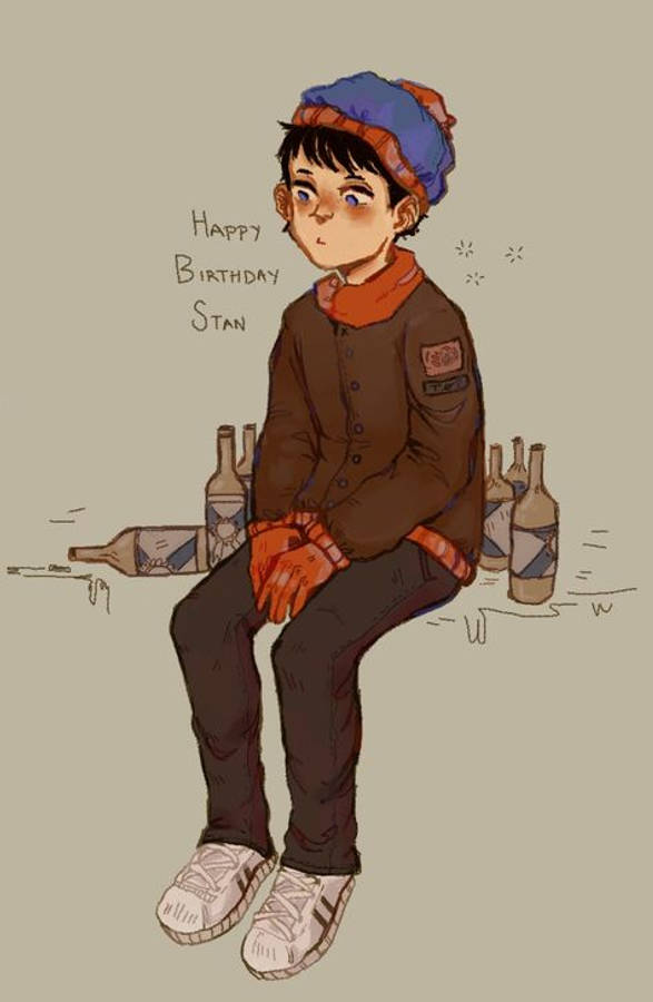 stan marsh 桌布 壁紙 — 一個戴藍色帽子和棕色外套的小男孩坐在空瓶堆中，附近寫著「Happy Birthday Stan」。
