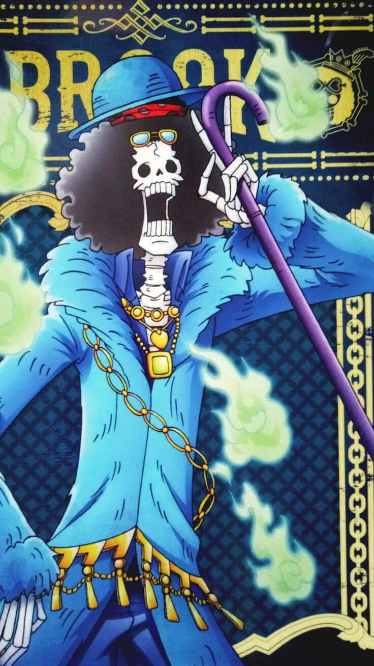 Brook 桌布 壁紙 — 一個戴藍色帽子和穿藍色外套的骷髏海盜，在黑暗華麗的背景中，於發光的綠色火焰中揮舞著紫色手杖。