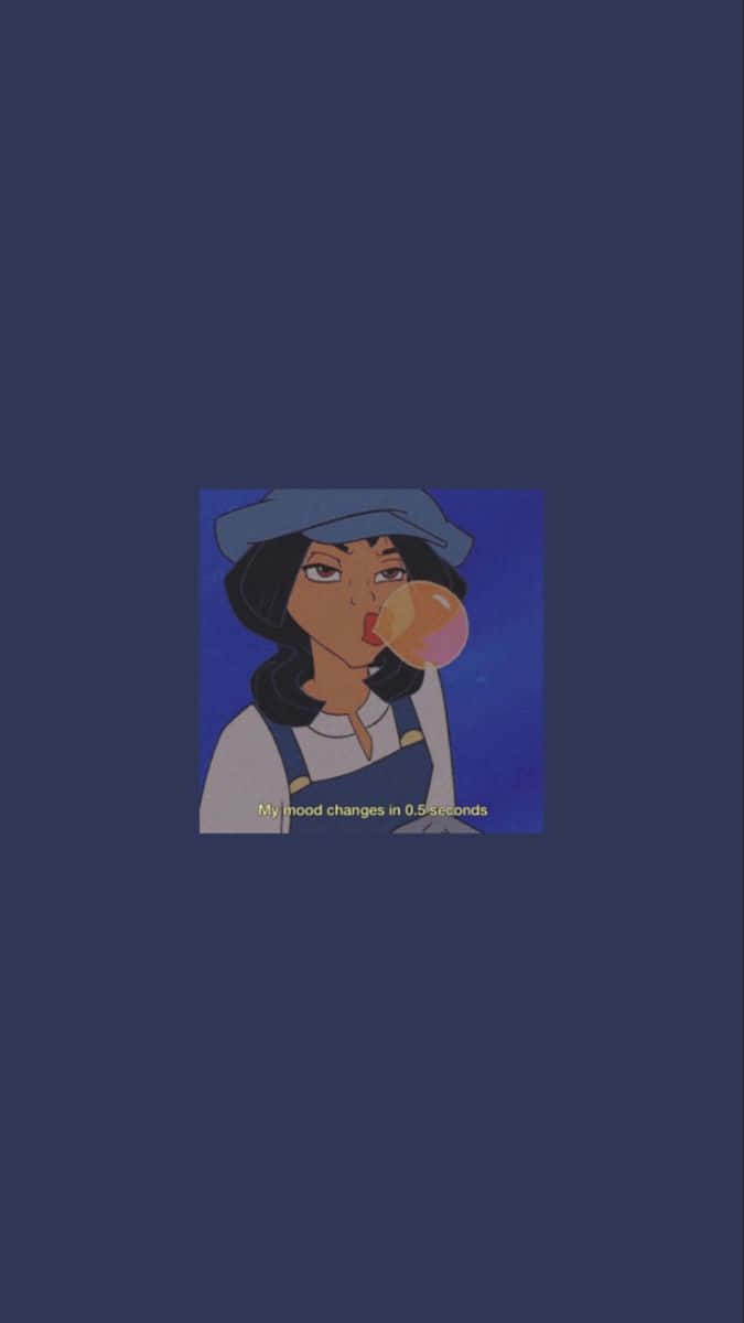 桌布 壁紙 — 一個戴藍色帽子的卡通女孩在深藍色背景上吹泡泡糖，下方有文字。