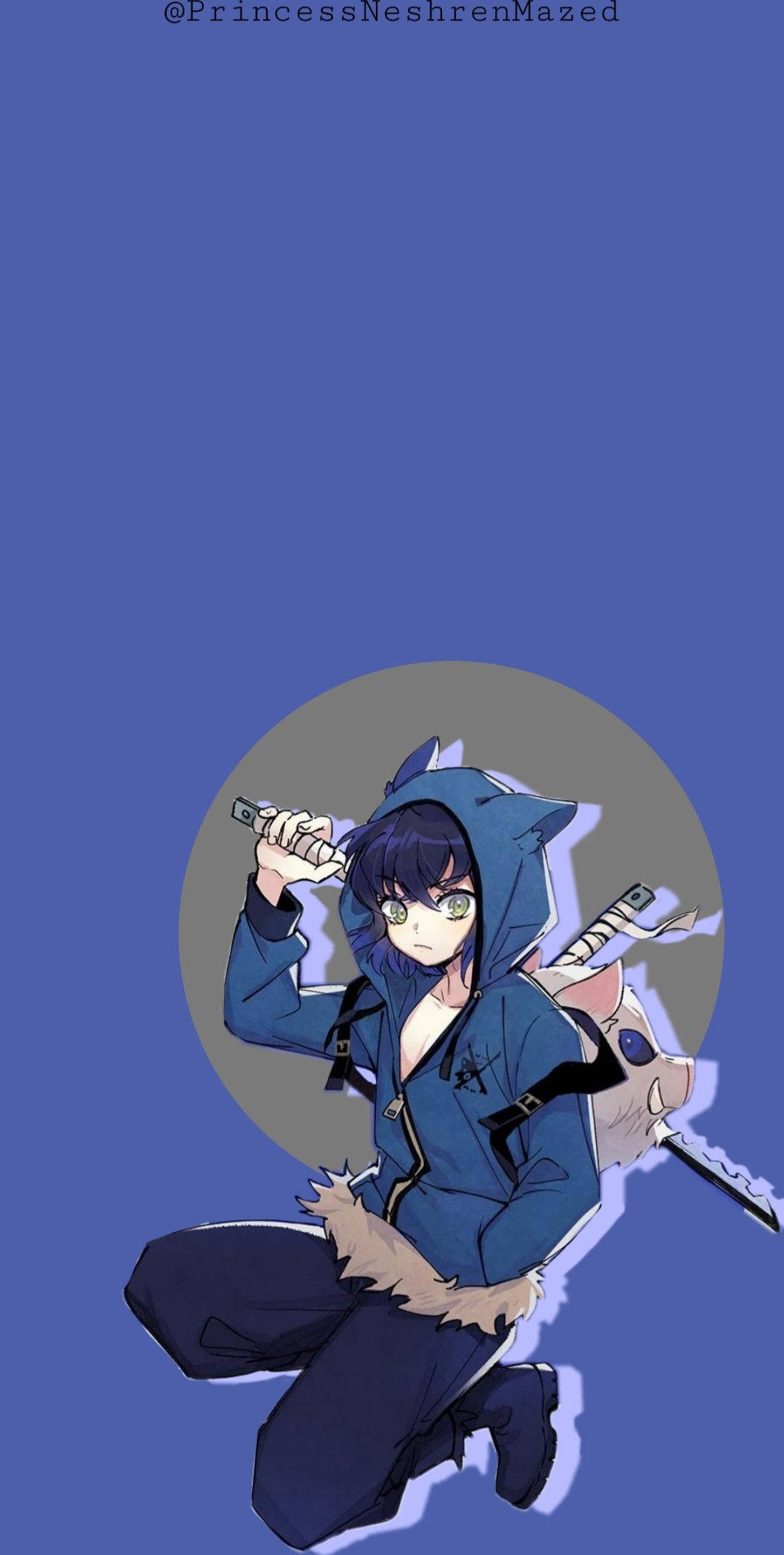 Demon Slayer Inosuke 桌布 壁紙 — 一個戴藍色連帽衫的動漫角色跪著，手持劍，背景為純藍色和灰色圓形背景。