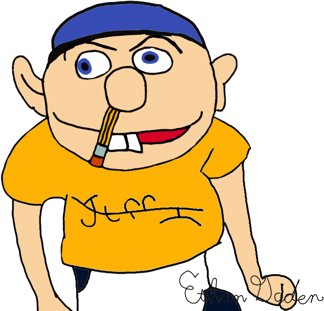 Jeffy 桌布 壁紙 — 一個戴藍色頭巾、穿黃色襯衫的卡通男人，嘴裡叼著鉛筆，露出得意的笑容。