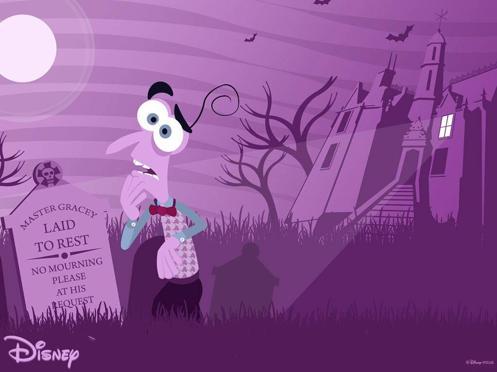 Fear Inside Out 桌布 壁紙 — 一個戴蝴蝶結的卡通鬼魂站在紫色墓園的墓碑旁，滿月下蝙蝠飛舞。