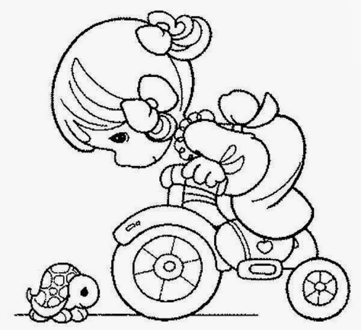 Cartoon Colouring 桌布 壁紙 — 一個戴蝴蝶結的可愛女孩騎著三輪車，一隻小烏龜在她旁邊走著，背景是純色的。