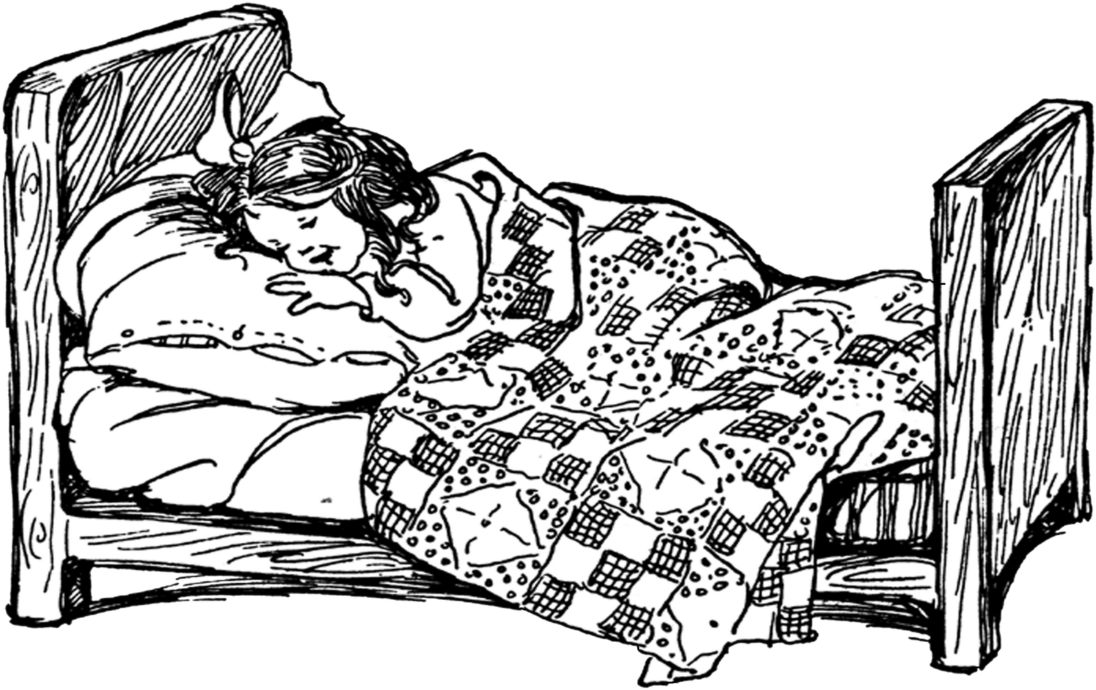 Sleep 桌布 壁紙 — 一個戴蝴蝶結的小女孩在黑白線條畫中，在木床上蓋著圖案被子安睡。