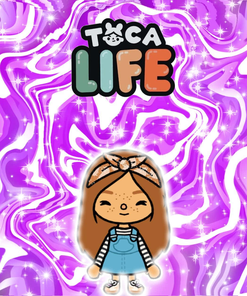 Aesthetic Toca Life 桌布 壁紙 — 一個戴蝴蝶結的開心卡通女孩站在閃爍的紫色和白色漩渦背景前，帶有「Toca Life」標誌。