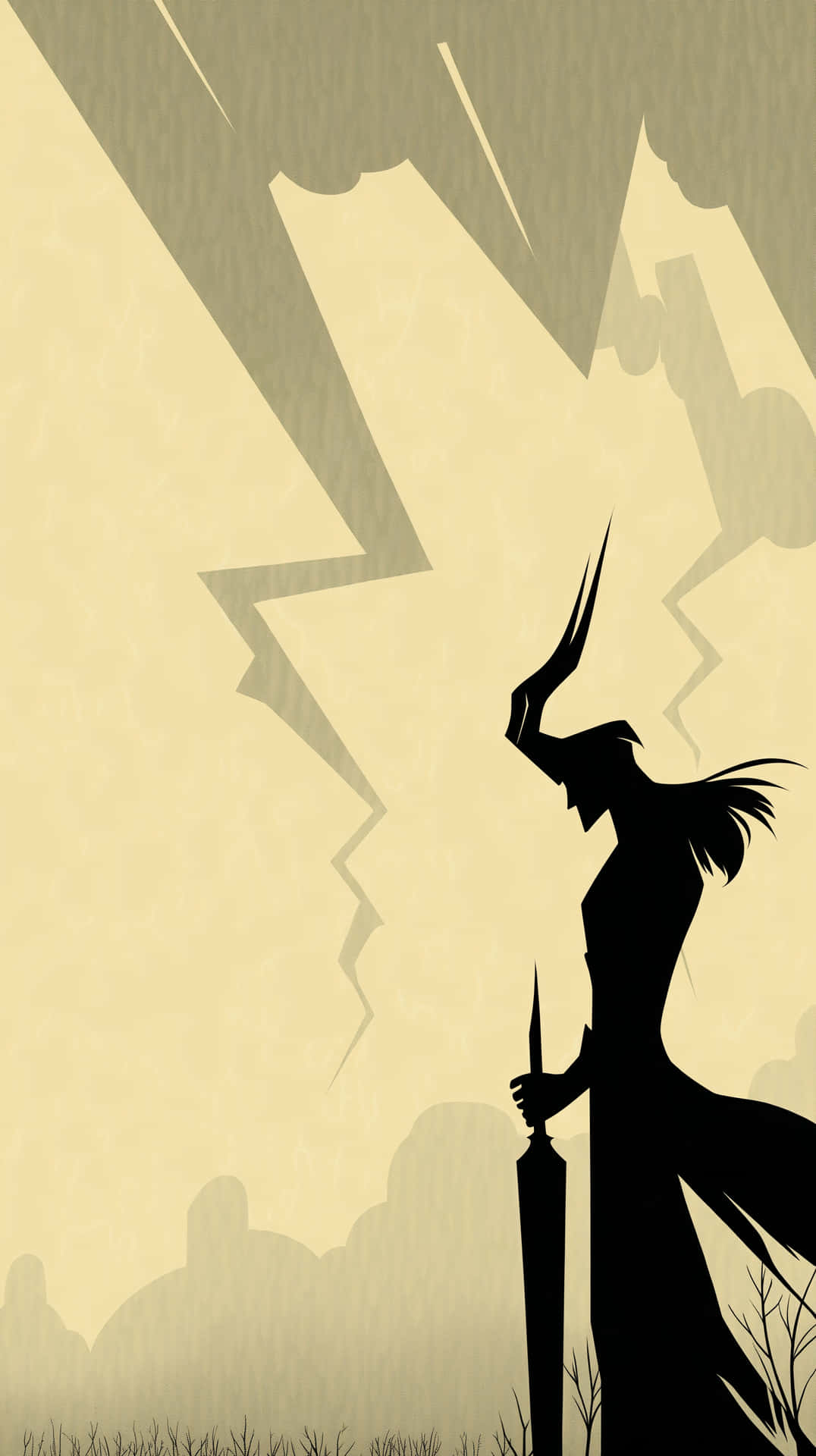 Stylized Dark Lord Silhouette Against Stormy Sky 壁紙 — 一個戴角盔、持劍的戰士的鮮明黑色剪影，站在有鋸齒狀閃電的米色背景前。