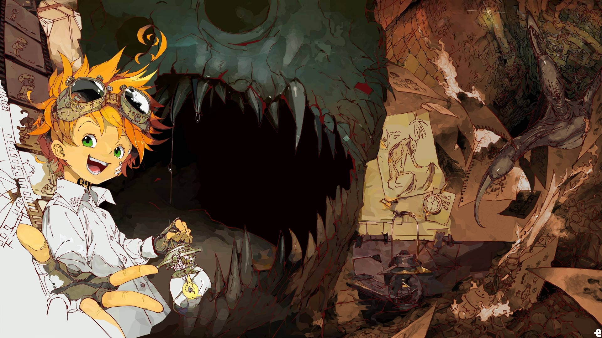The Promised Neverland 桌布 壁紙 — 一個戴護目鏡、橙色頭髮的開朗動漫男孩，在雜亂昏暗的洞穴中，舉著燈籠面對一個怪物張開的血盆大口。