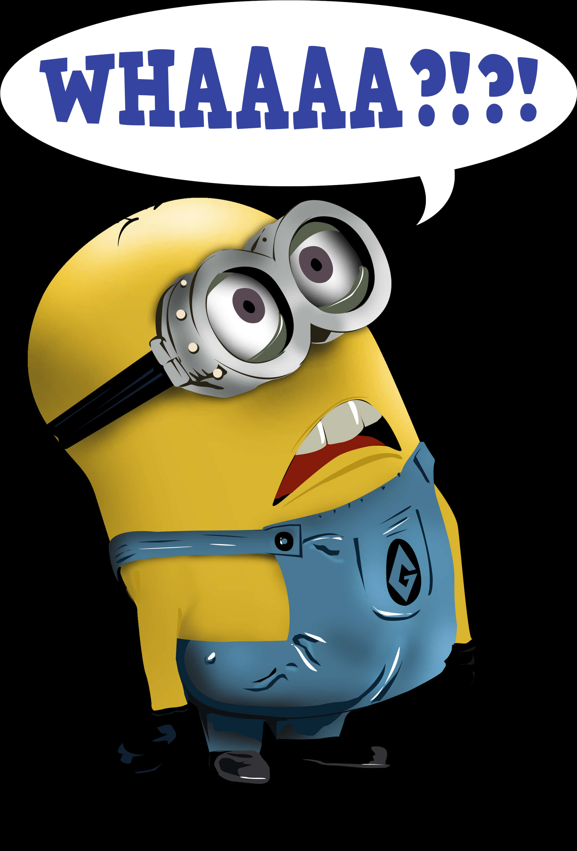 電影動圖 桌布 壁紙 — 一個戴護目鏡和藍色工裝褲的卡通 minion 在黑色背景上尖叫 'WHAAAAA?!?!'。