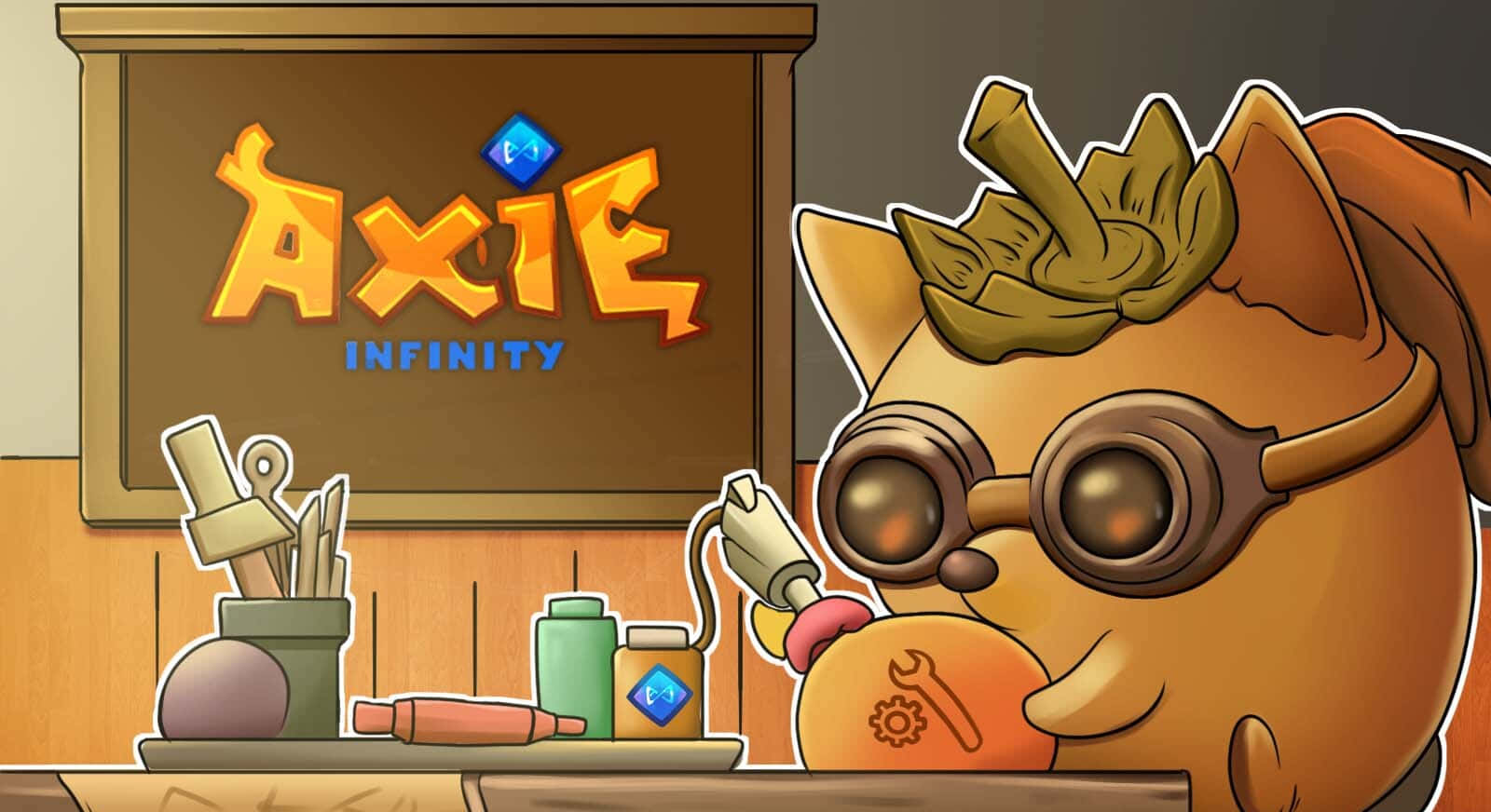 Axie 桌布 壁紙 — 一個戴護目鏡的卡通Axie角色，在『Axie Infinity』標誌下方的工作檯旁手持工具站立。