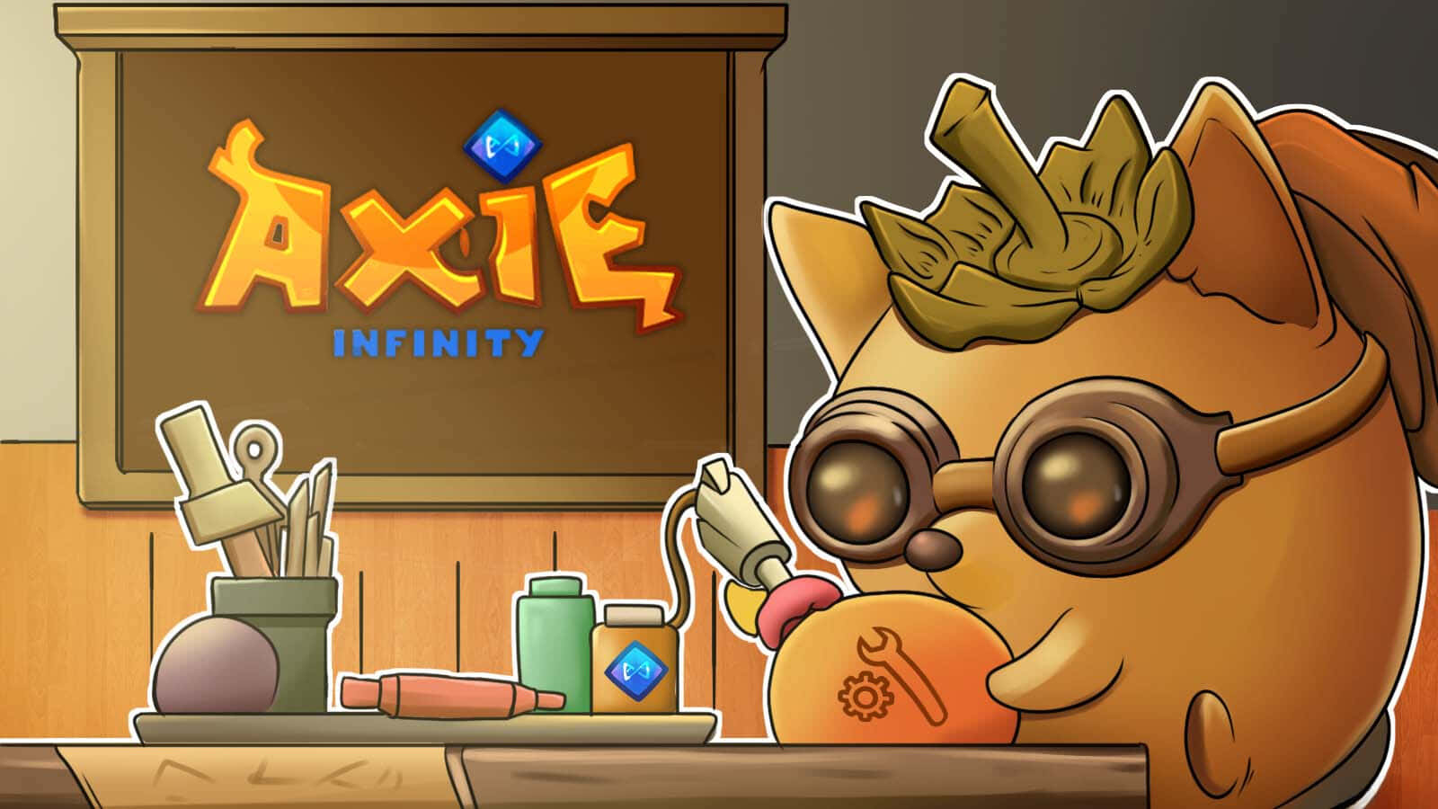 Axie Infinity 桌布 壁紙 — 一個戴護目鏡的卡通axie角色站在工作檯前，手持工具，背後有'Axie Infinity'標誌。