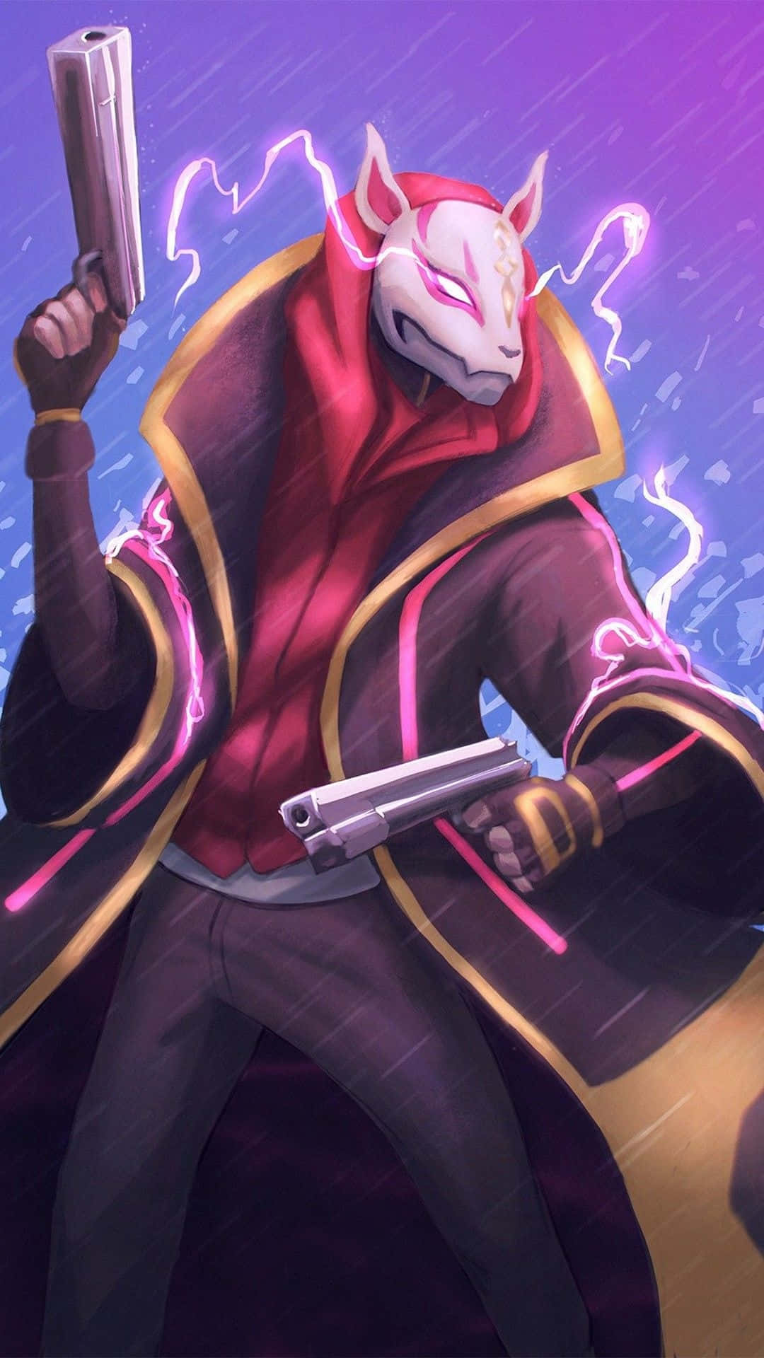Fortnite 桌布 壁紙 — 一個戴面具、像狐狸的動漫角色，身穿紅色斗篷，在雨夜天空中閃爍的紫色閃電中揮舞著兩把手槍。