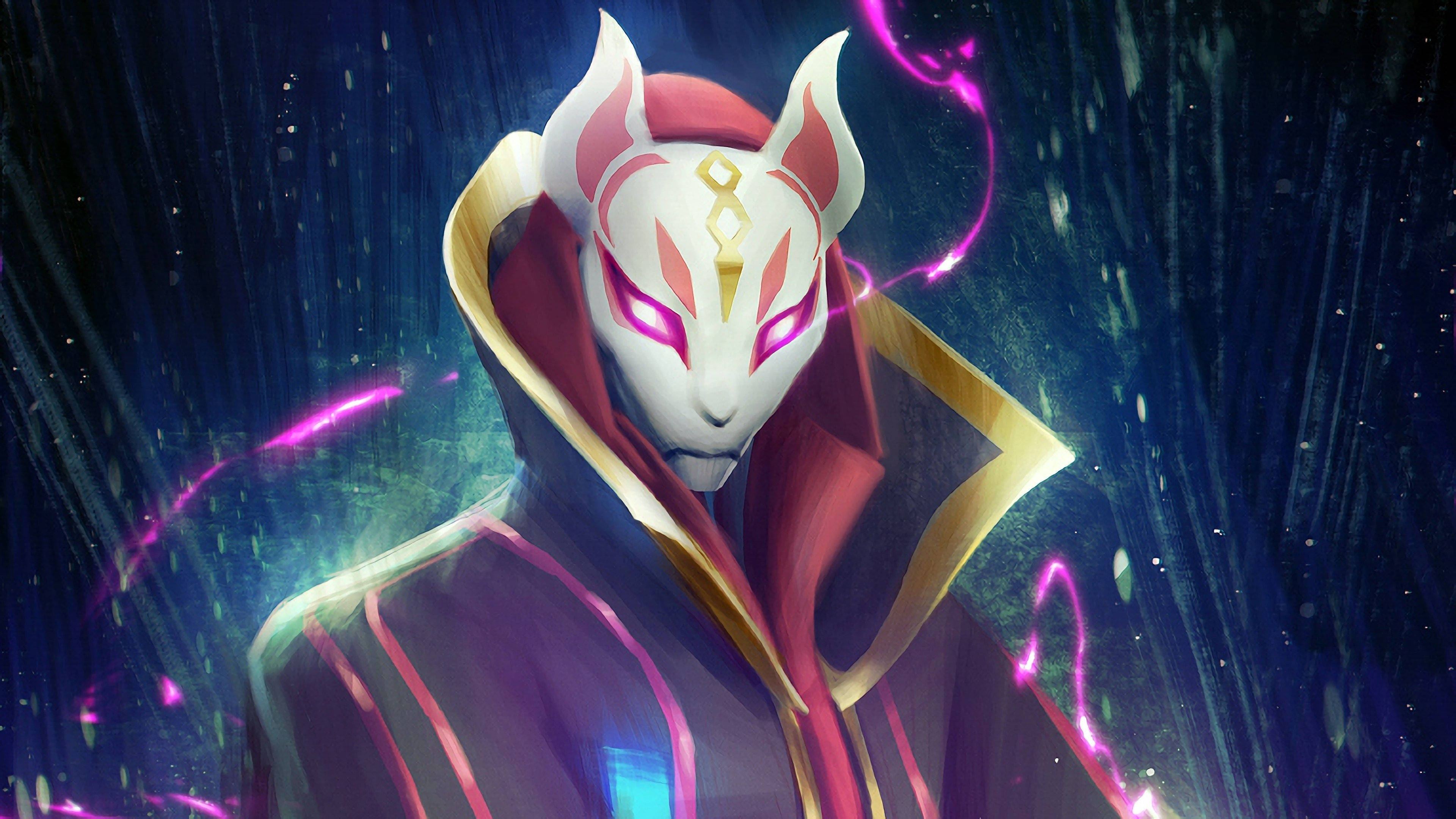 Drift 桌布 壁紙 — 一個戴面具、像狐狸的動漫角色，身穿紅金色長袍，站在發光的紫色能量中，背景是黑暗的宇宙。