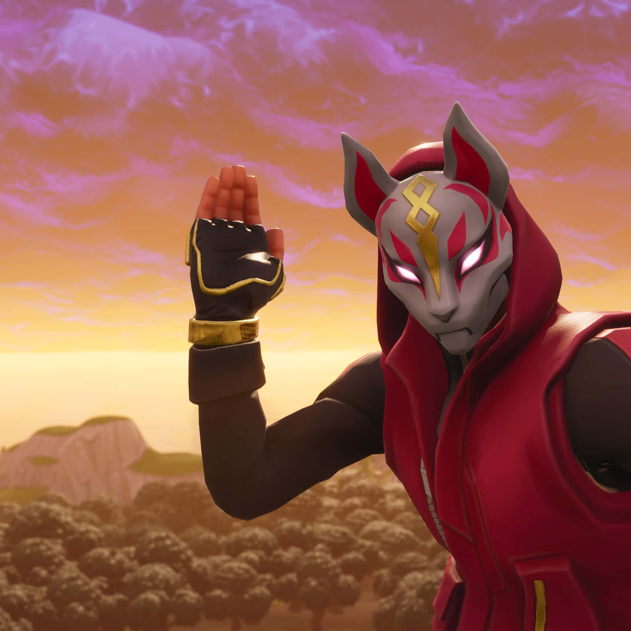 Fortnite 桌布 壁紙 — 一個戴面具、像狐狸的角色，身穿紅色裝備，在岩石景觀上方的夕陽天空下揮手。