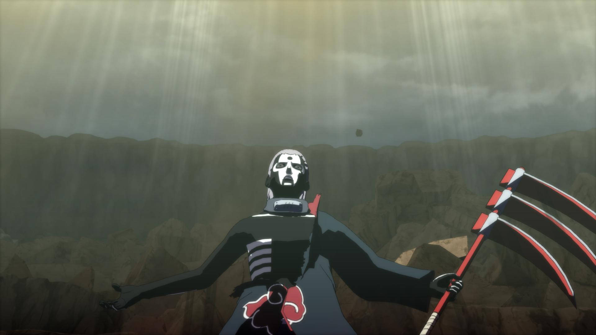 hidan akatsuki 桌布 壁紙 — 一個戴面具、手持鐮刀的動漫人物站在岩石峽谷中，戲劇性的陽光穿透暴風雲層。