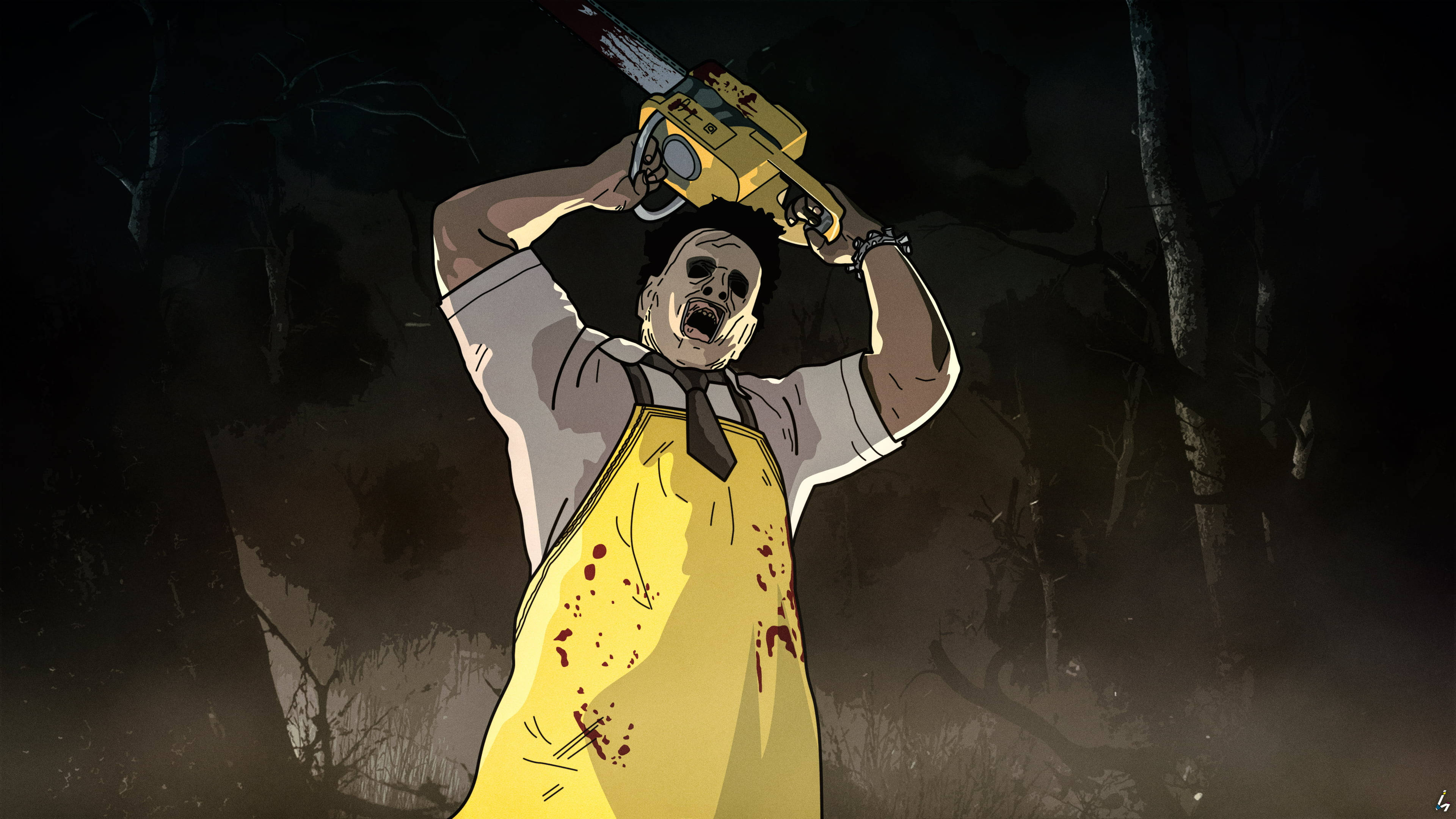 Leatherface 桌布 壁紙 — 一個戴面具、手持電鋸、身穿沾滿血跡的黃色圍裙的殺手，在夜晚的黑暗森林中舉起武器。