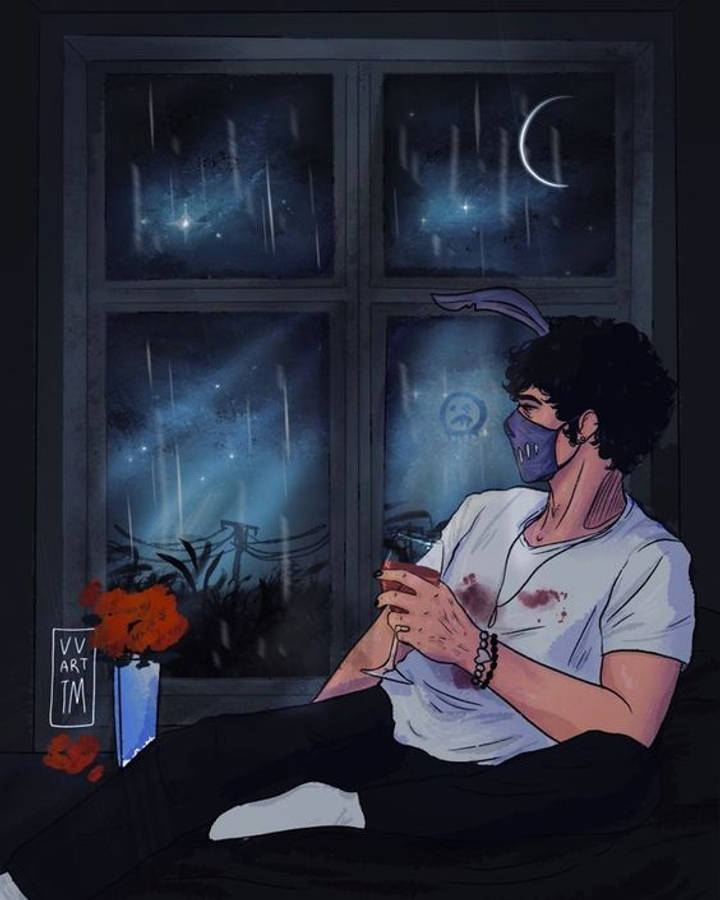 Corpse 桌布 壁紙 — 一個戴面具、有兔耳的角色在雨夜坐在窗邊，在彎月下拿著飲料。