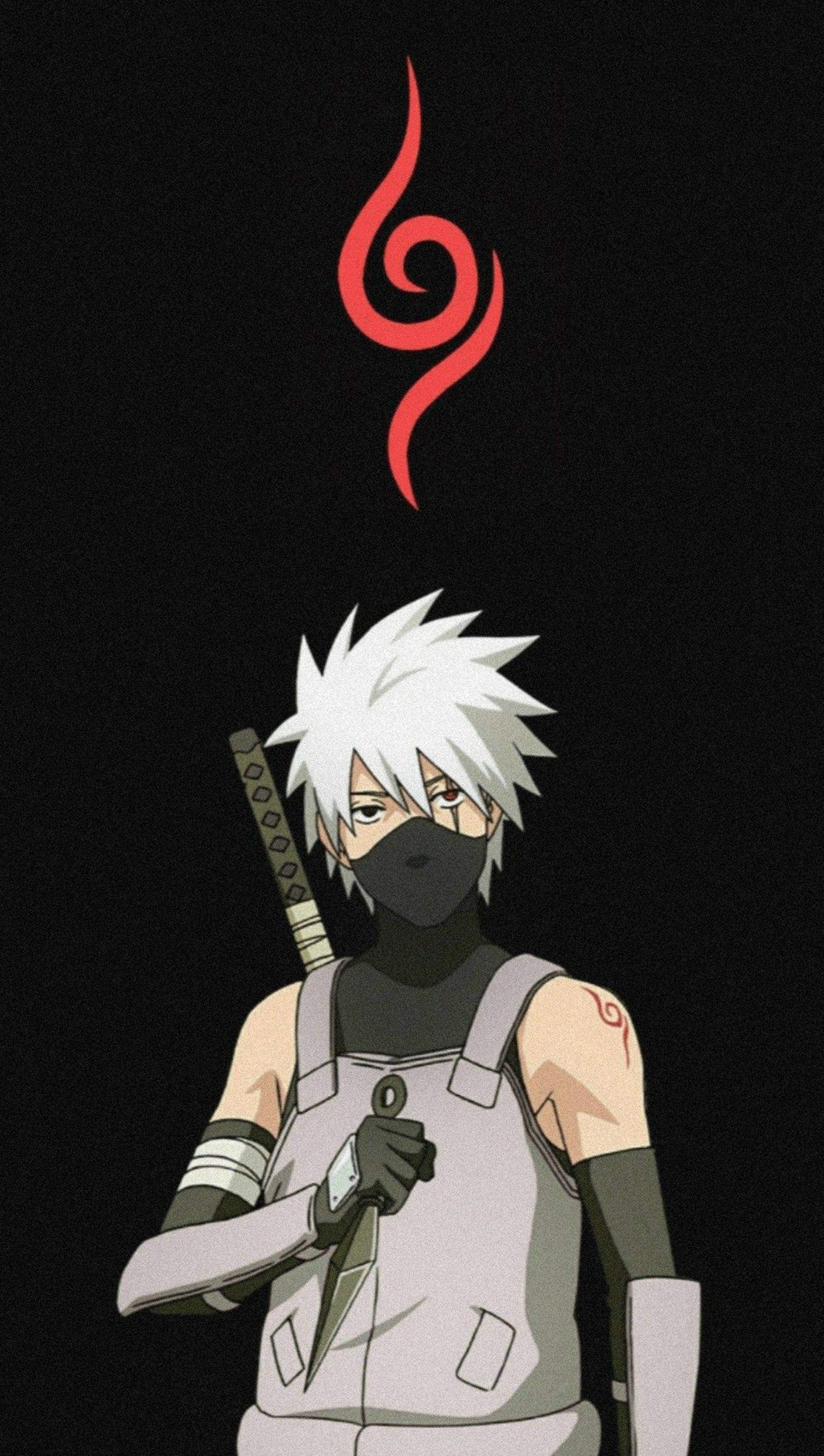 kakashi pfp 桌布 壁紙 — 一個戴面具、白色刺蝟頭的動漫忍者，在黑色背景上手持苦無，上方有一個紅色螺旋符號。