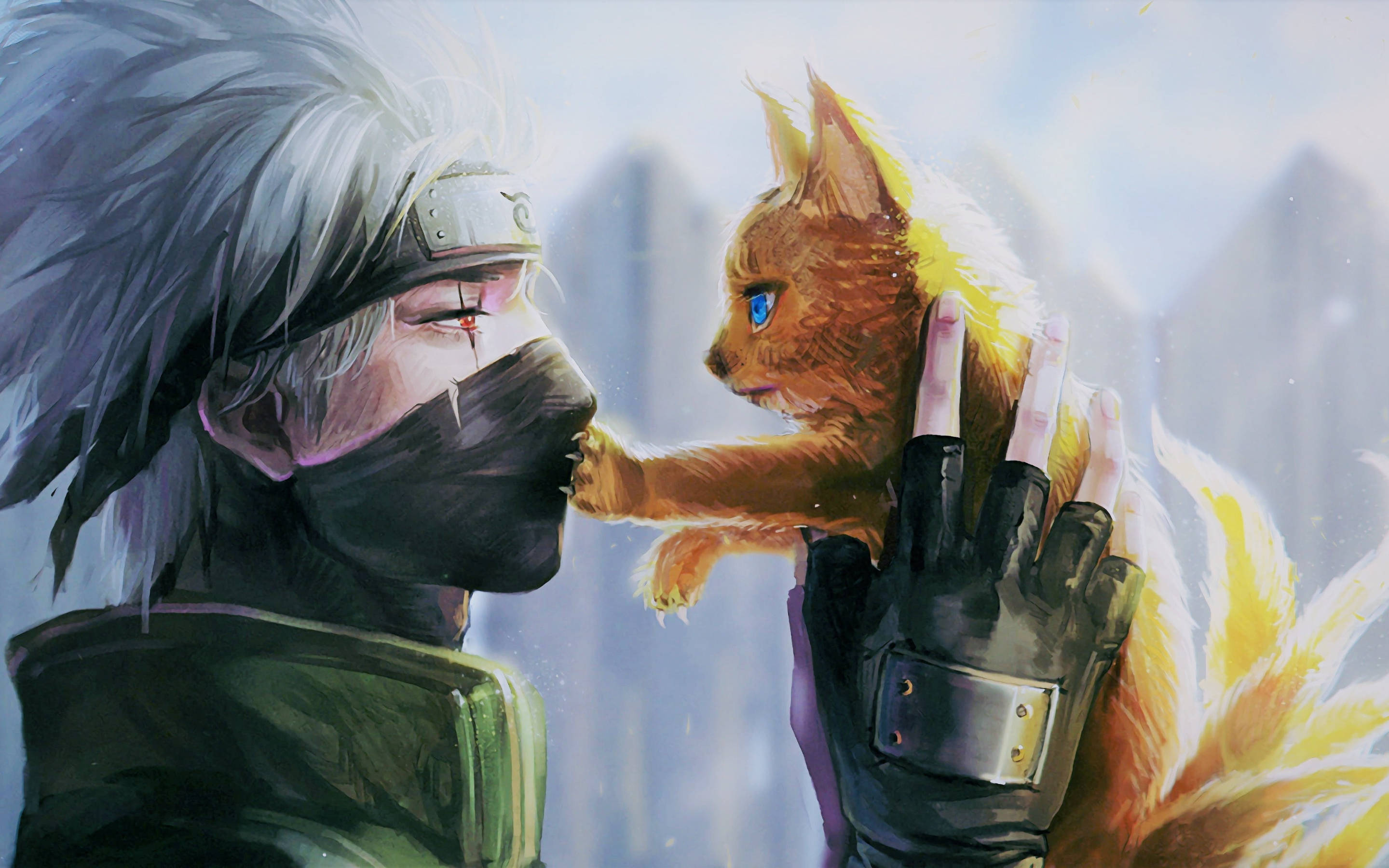 卡卡西 桌布 壁紙 — 一個戴面具、白色尖刺頭髮的忍者，溫柔地抱著一隻藍眼睛的小橙色狐狸。