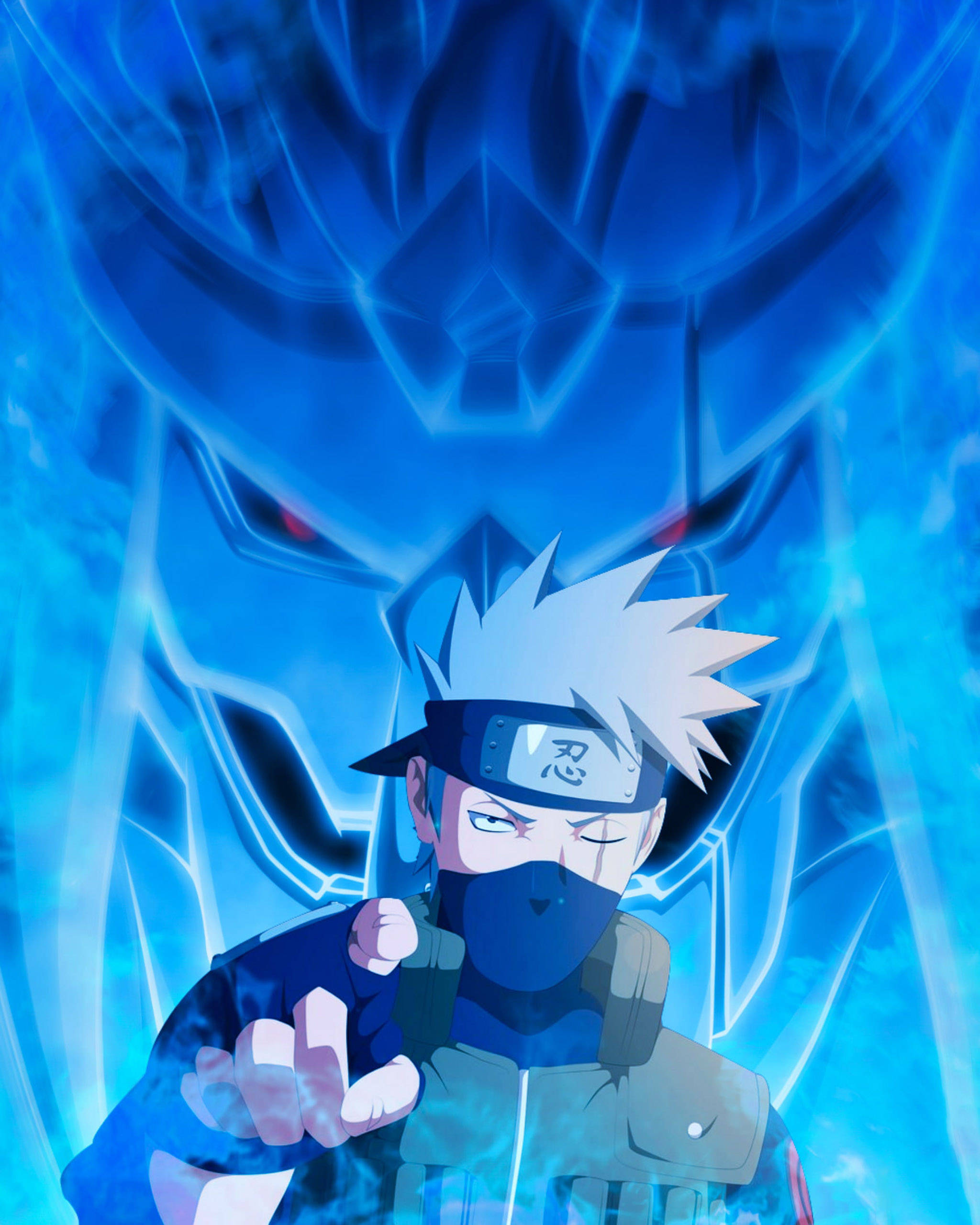 kakashi pfp 桌布 壁紙 — 一個戴面具、白色尖刺頭髮的忍者正在引導藍色查克拉能量，身後有一條巨大的發光藍龍。