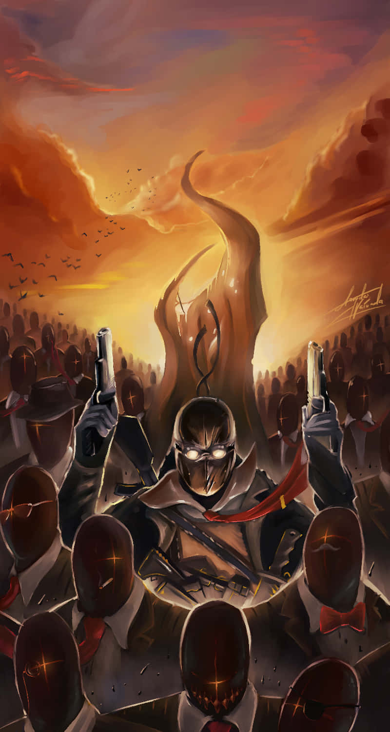 Madness Combat 桌布 壁紙 — 一個戴面具、眼睛發光的人物，在一群一模一樣的戴面具男子中舉起兩把手槍，背景是火紅的橙色日落天空。
