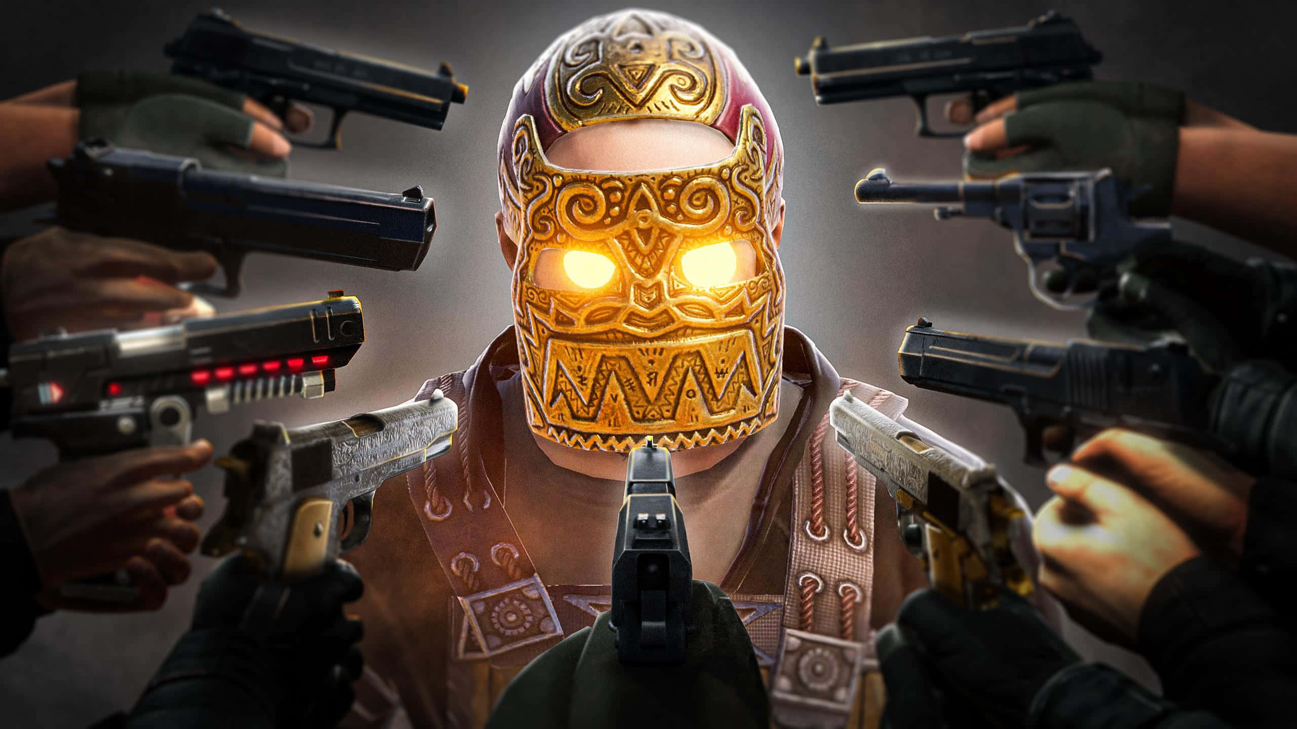Rust Game 桌布 壁紙 — 一個戴面具、眼睛發光的人物被多隻持槍的手包圍，處於緊張對峙中。