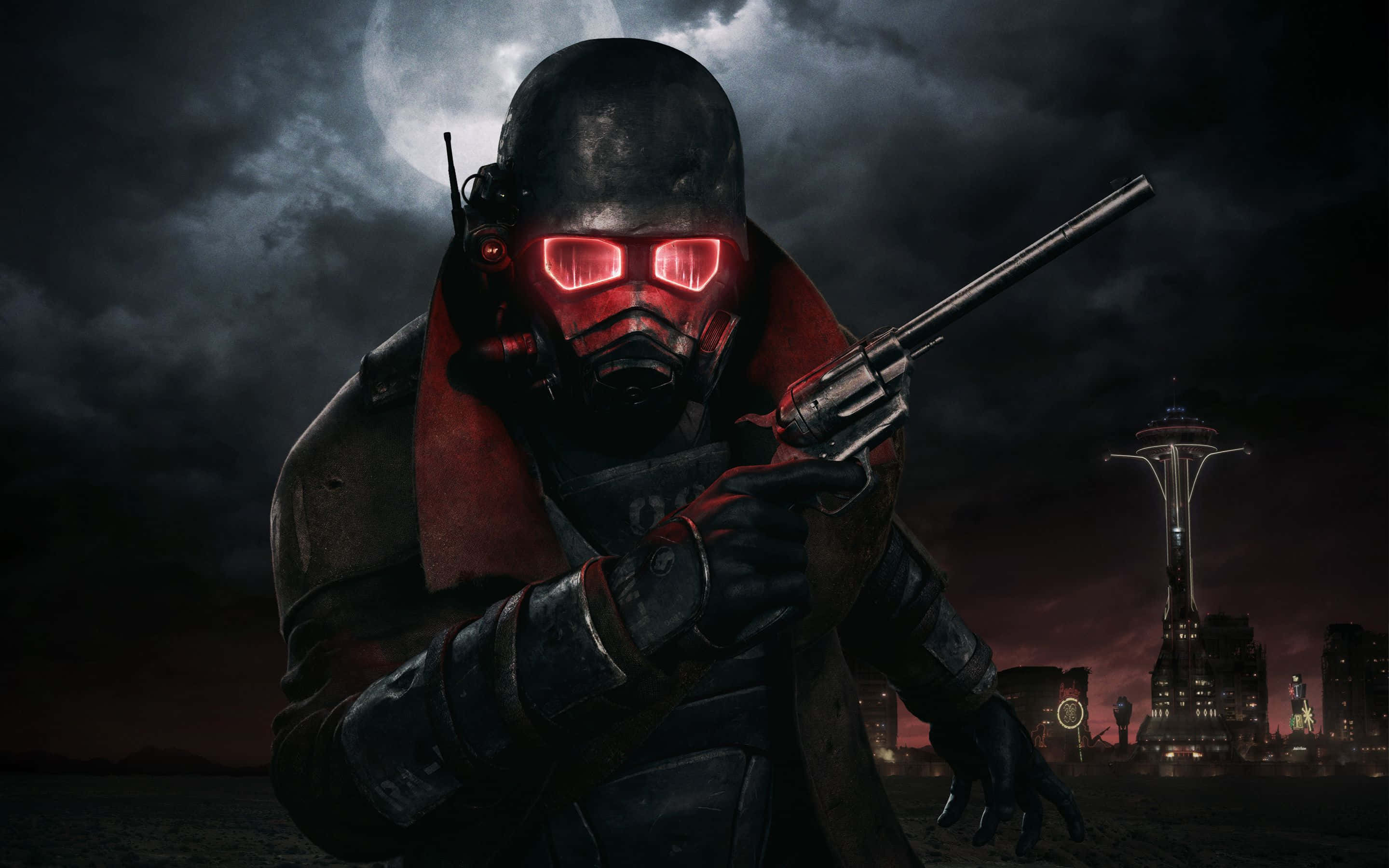 Fallout Nv 桌布 壁紙 — 一個戴面具、眼睛發出紅光的角色，在黑暗的天空背景下，手持左輪手槍，背景有月亮和西雅圖太空針塔。