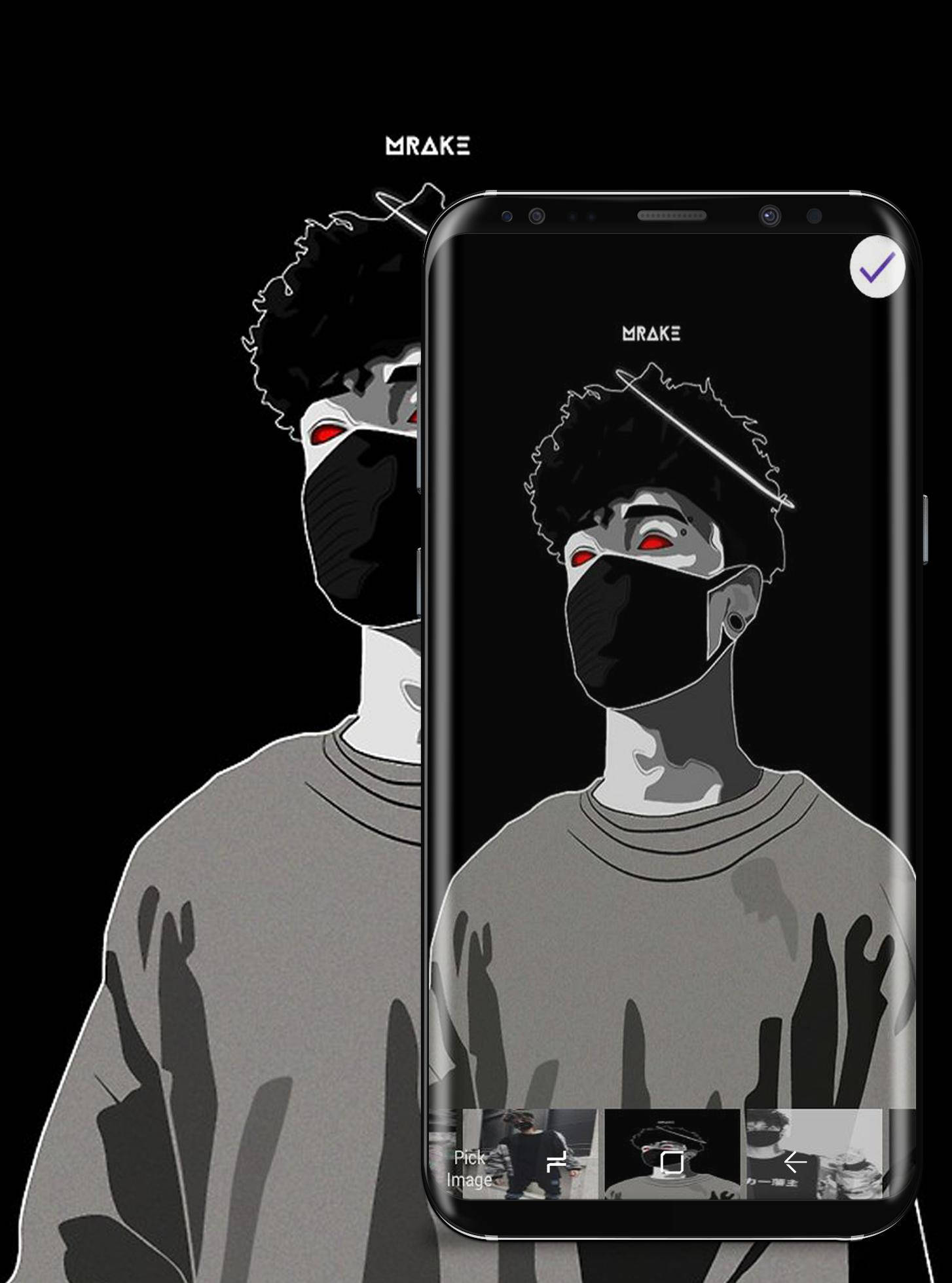 Scarlxrd 桌布 壁紙 — 一個戴面具、眼睛發出紅光的風格化數位藝術肖像出現在智慧型手機螢幕上及其後方，背景為黑色。