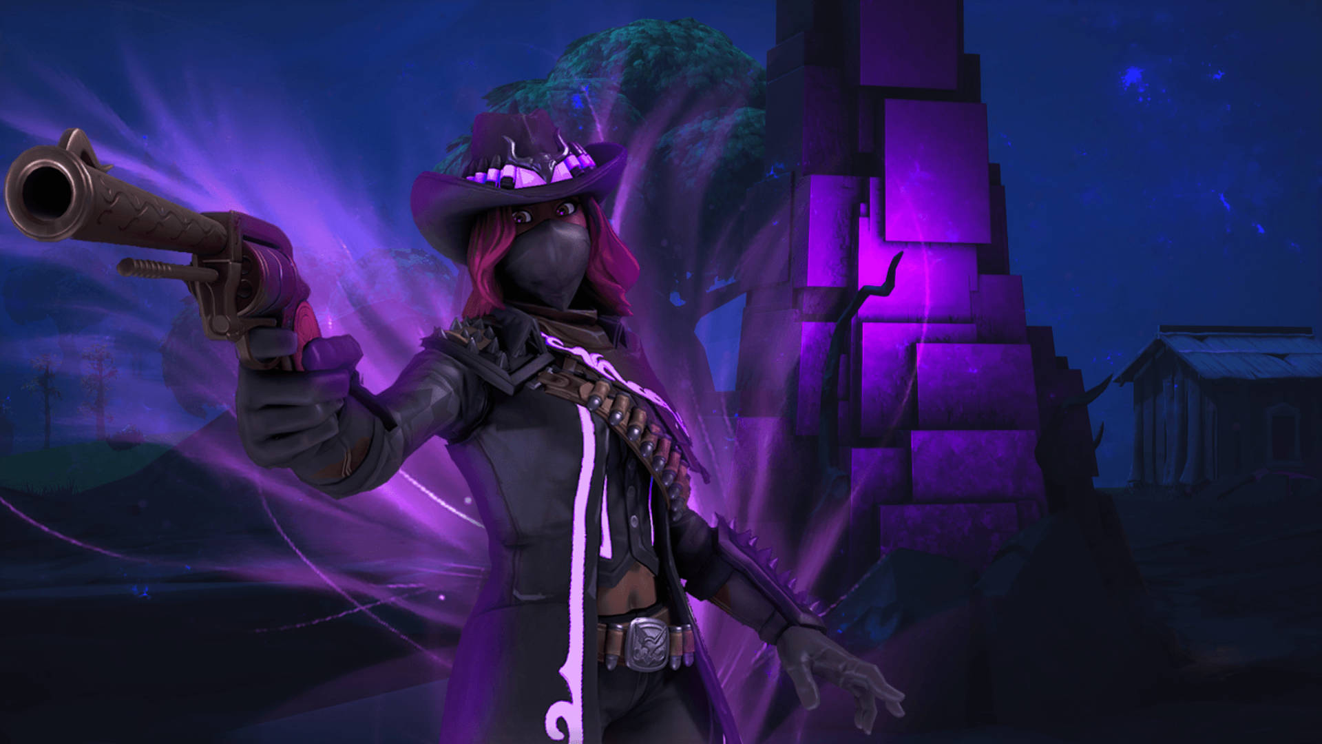calamity fortnite 桌布 壁紙 — 一個戴面具、粉紅色頭髮的牛仔在黑暗奇幻場景中，在發光的紫色能量下瞄準左輪手槍。