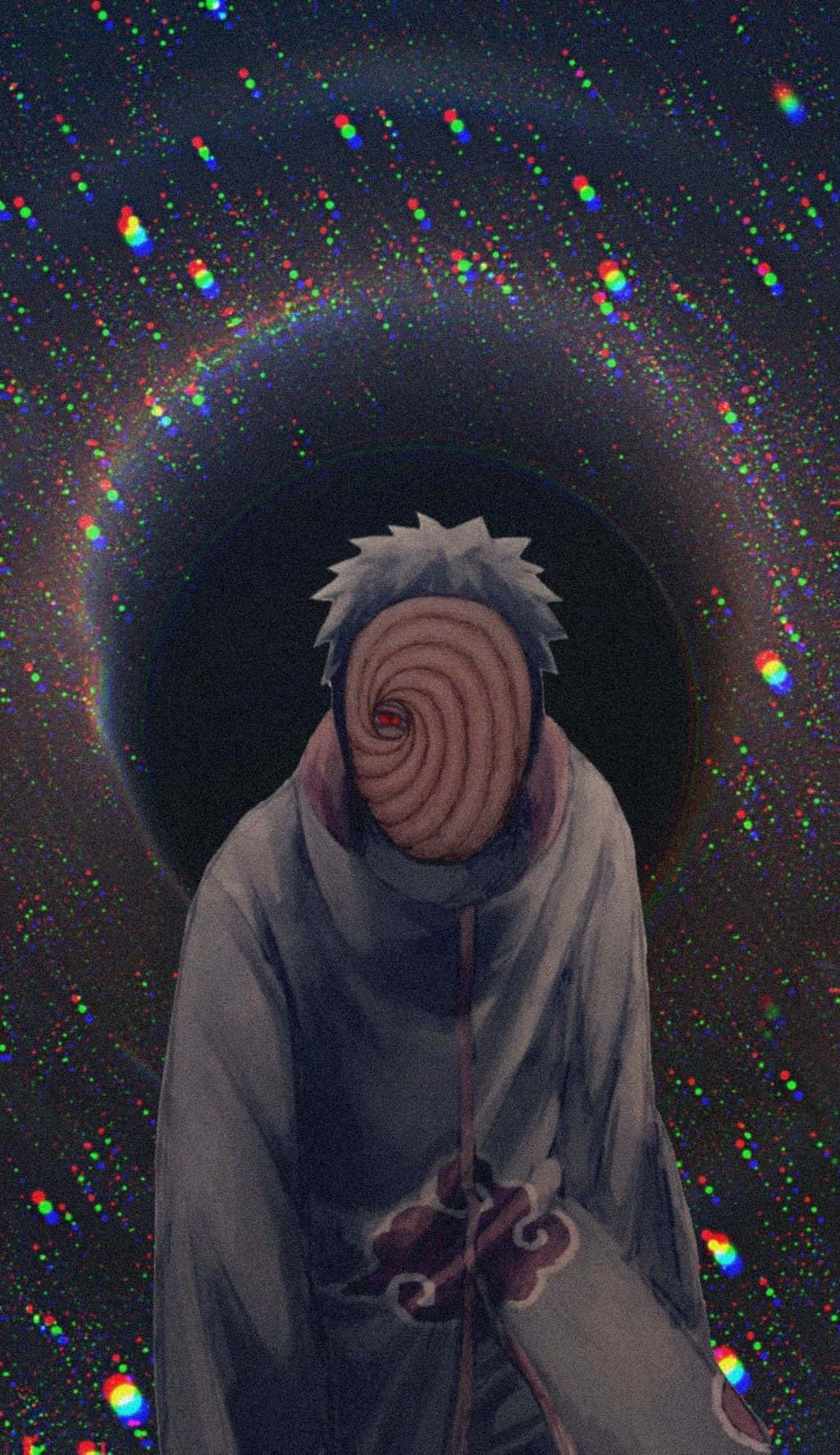 Obito Aesthetic 桌布 壁紙 — 一個戴面具、臉部呈螺旋狀的動漫角色，站在充滿彩色發光粒子的宇宙隧道中。