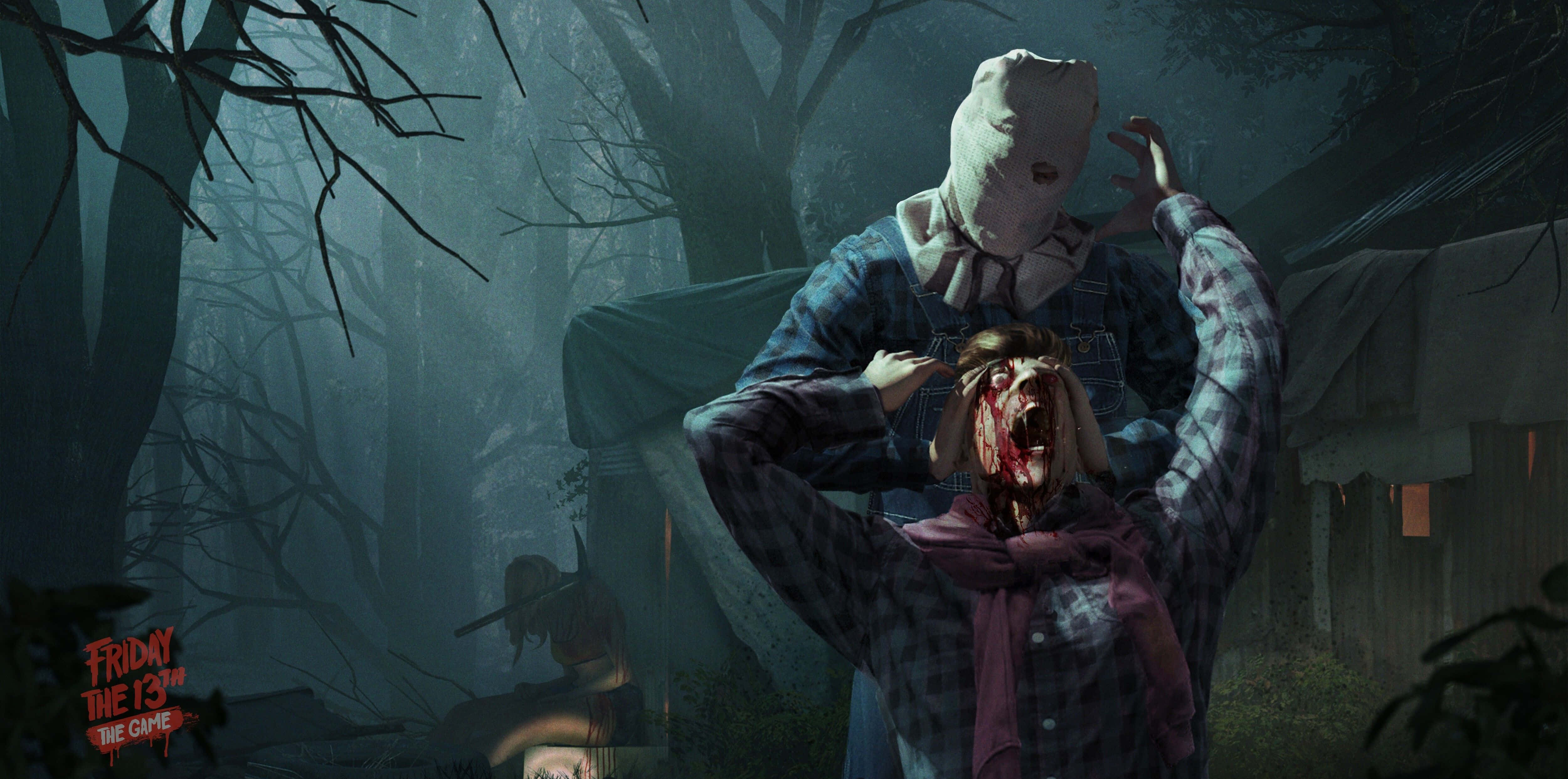 Horror Games 桌布 壁紙 — 一個戴面具、身穿格紋襯衫的殺手在夜間霧氣瀰漫的樹林營地勒死一個尖叫的受害者。