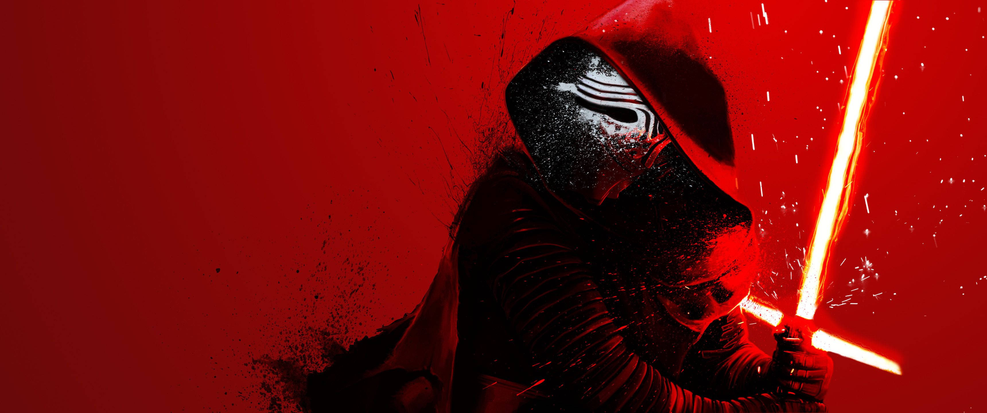 Kylo Ren 桌布 壁紙 — 一個戴面具、身穿深色長袍的人物，在火花四濺的熾熱紅色背景下揮舞著發光的紅色光劍。