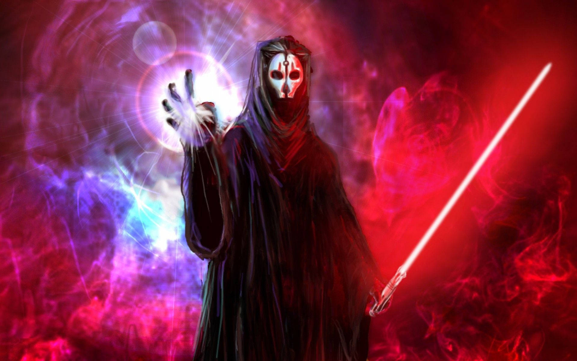Darth Nihilus 桌布 壁紙 — 一個戴面具、身穿深色長袍的人物揮舞著紅色光劍，並在紅色和紫色的旋轉宇宙背景下引導發光的能量。