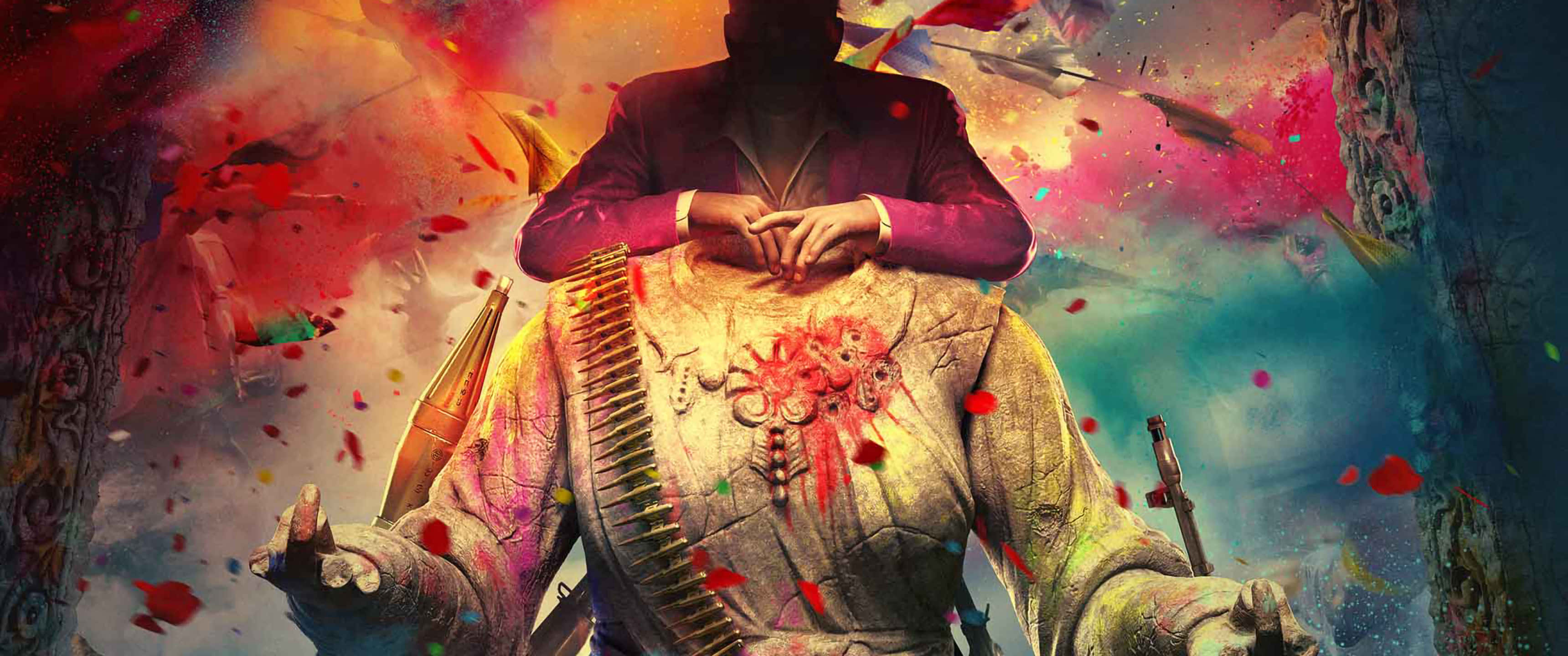 3440x1440p Far Cry New Dawn 桌布 壁紙 — 一個戴面具、身穿紫色西裝的人物，胸口染血，腰間掛著彈藥帶，站在爆炸性的色彩和槍火之中。