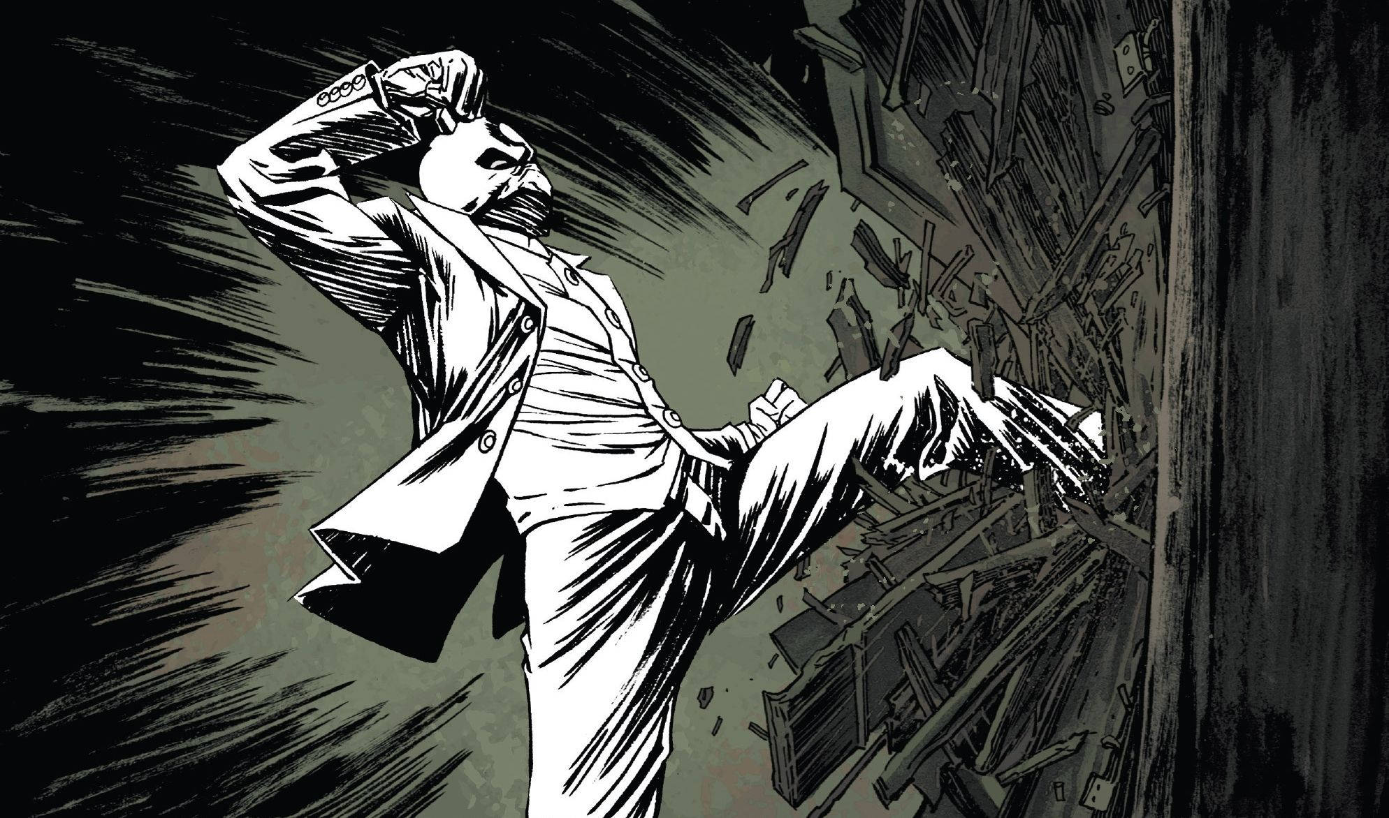 Moon Knight 桌布 壁紙 — 一個戴面具、身穿西裝的人物一拳打穿牆壁，碎片飛濺，呈現動態漫畫風格。