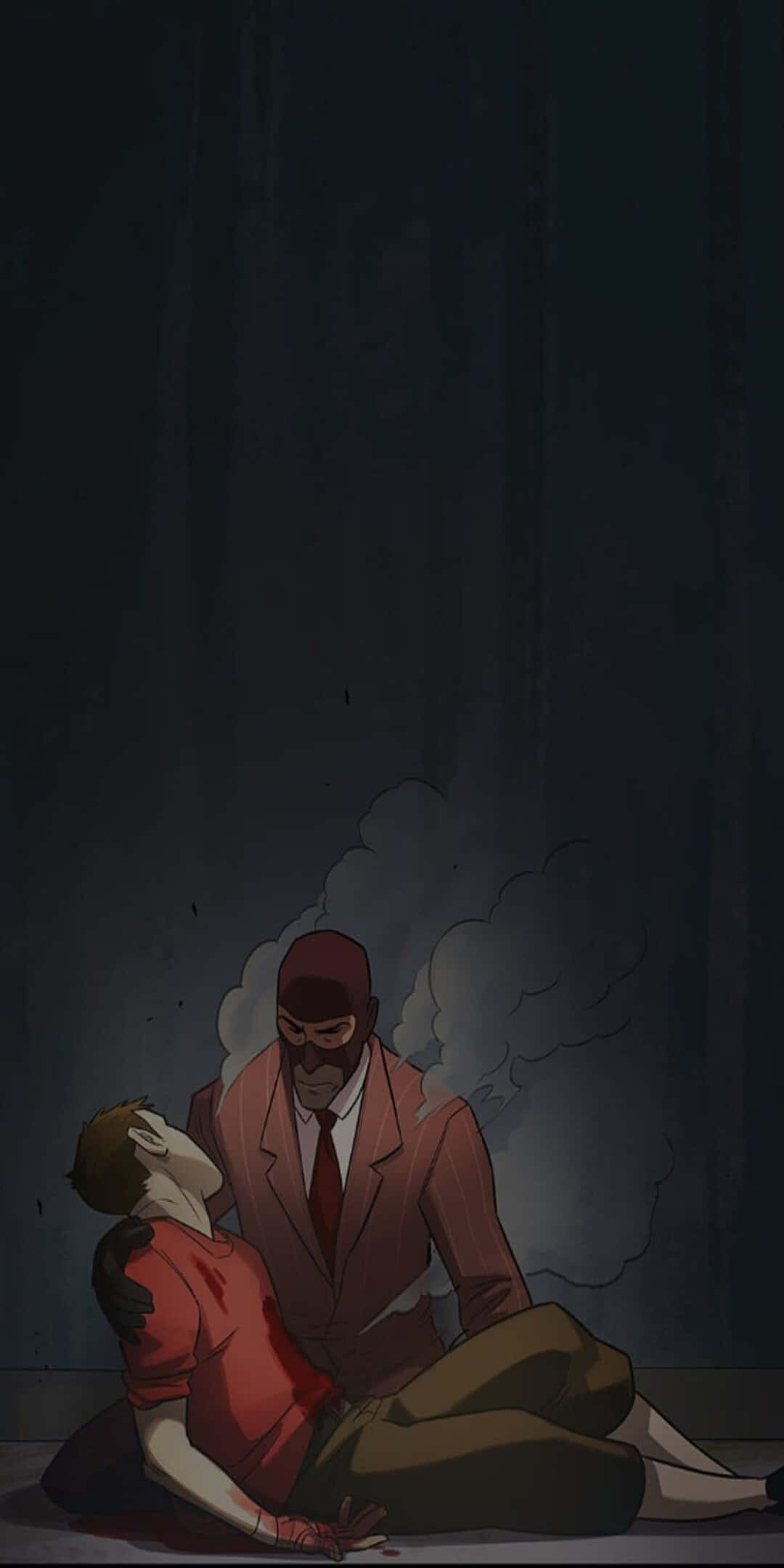 Tf2 桌布 壁紙 — 一個戴面具、身穿西裝的男人在夜晚黑暗煙霧瀰漫的小巷中抱著一個血淋淋的人。