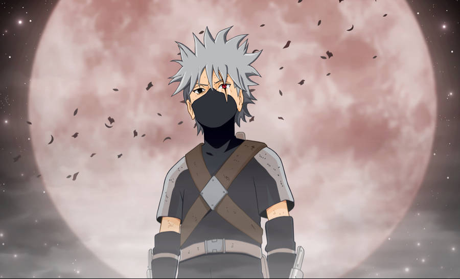 Naruto Kakashi 桌布 壁紙 — 一個戴面具、銀色尖刺頭髮的動漫忍者站在巨大的粉紅色月亮前，樹葉在繁星點點的夜空中飄動。