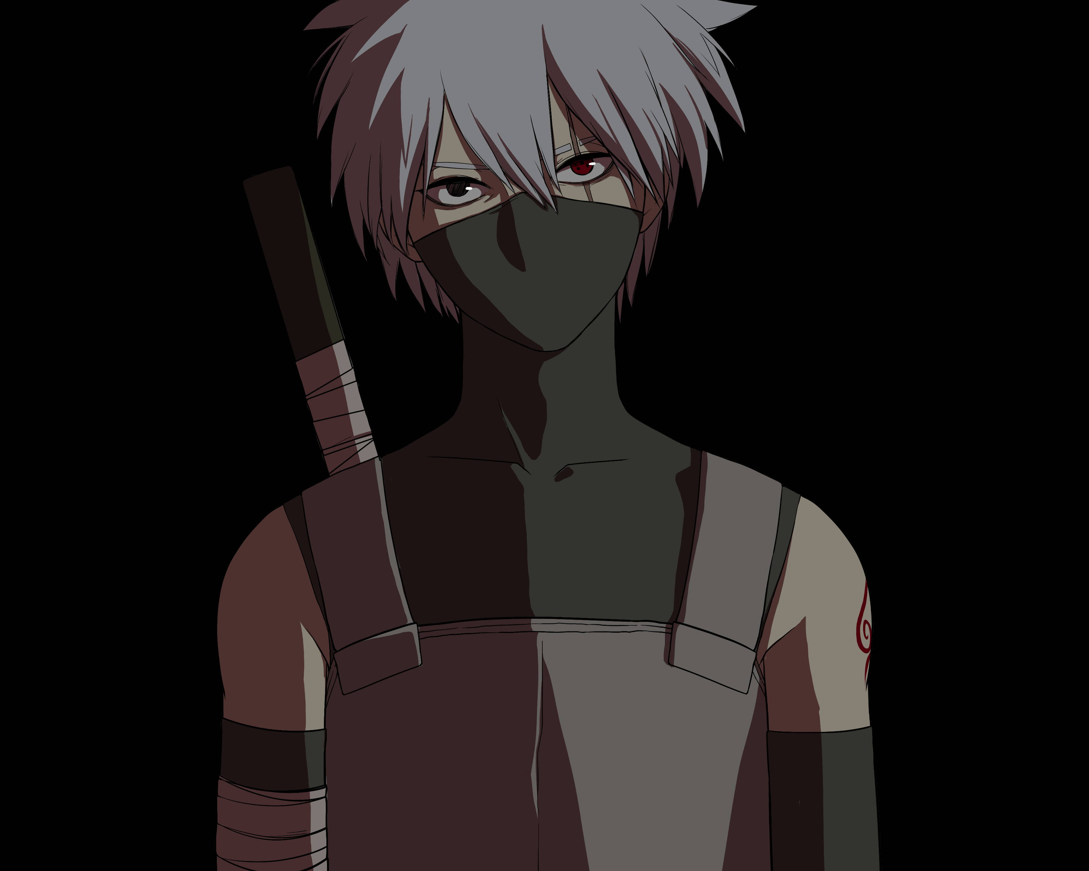 kakashi pfp 桌布 壁紙 — 一個戴面具、銀髮紅眼的動漫忍者站在陰影中手持劍。