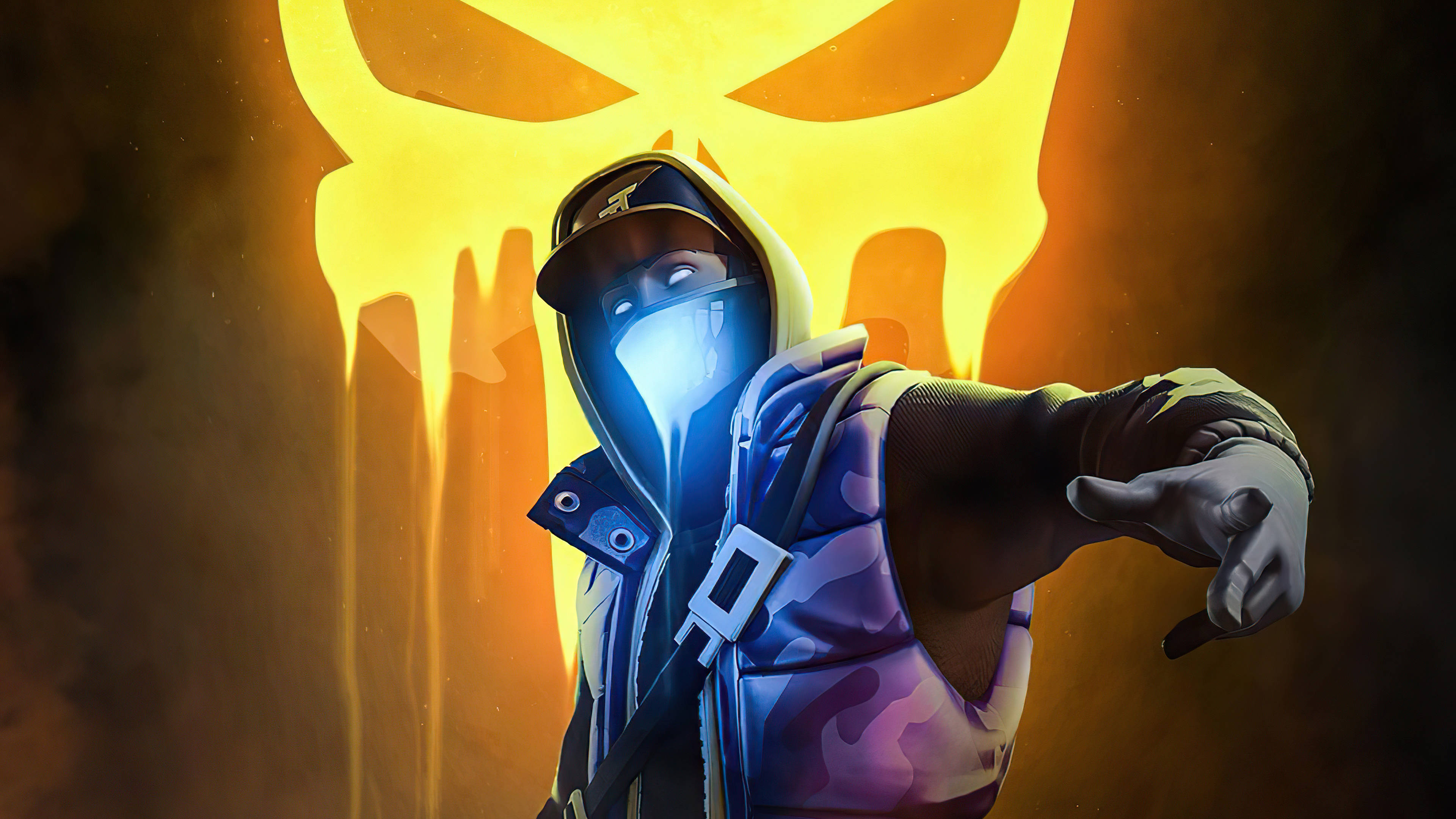 Fortnite iPad 桌布 壁紙 — 一個戴面具的Fortnite角色穿著發光連帽衫，在火焰骷髏背景下向前指著。