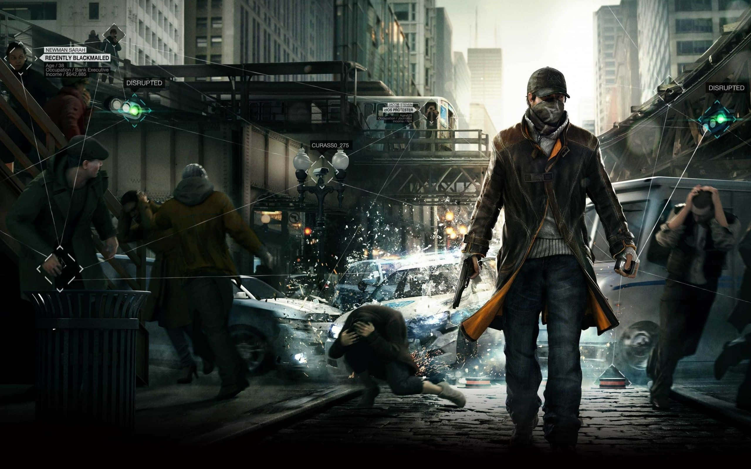Watch Dogs 桌布 壁紙 — 一個戴面具的主角走過混亂的城市街道，街道上有破碎的汽車和逃離的平民，背景是朦朧的城市天空。