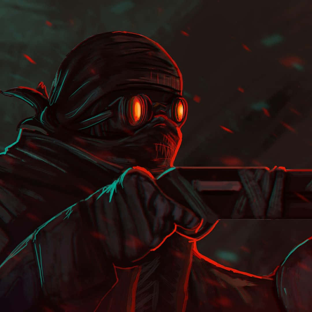 Madness Combat 桌布 壁紙 — 一個戴面具的人物，眼睛發出橙色光芒，在紅色和藍綠色高光照射的黑暗場景中瞄準武器。