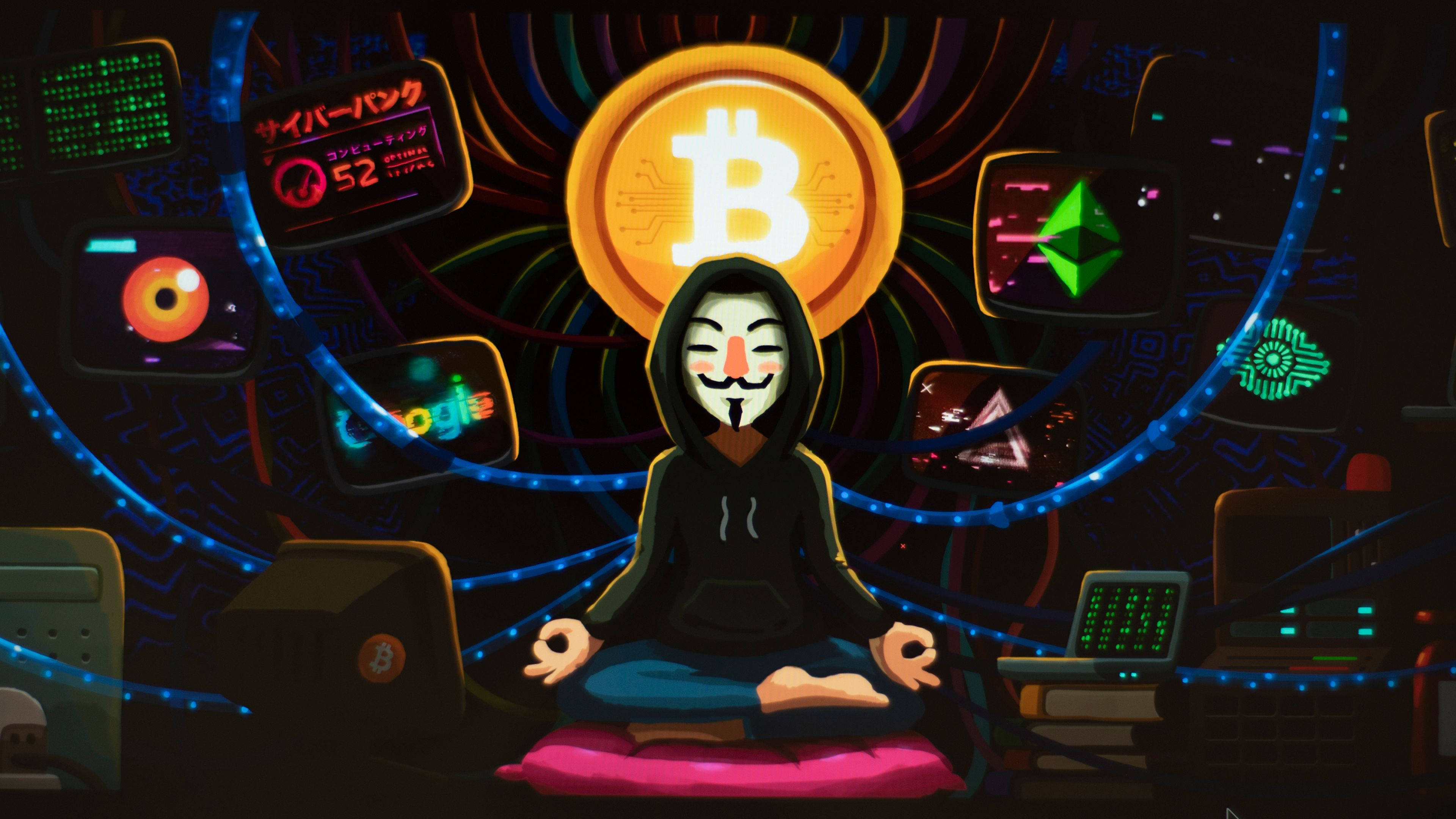 Cryptocurrency 桌布 壁紙 — 一個戴面具的人物在充滿發光加密貨幣符號和數位螢幕的 cyberpunk 科技房中平靜地冥想。