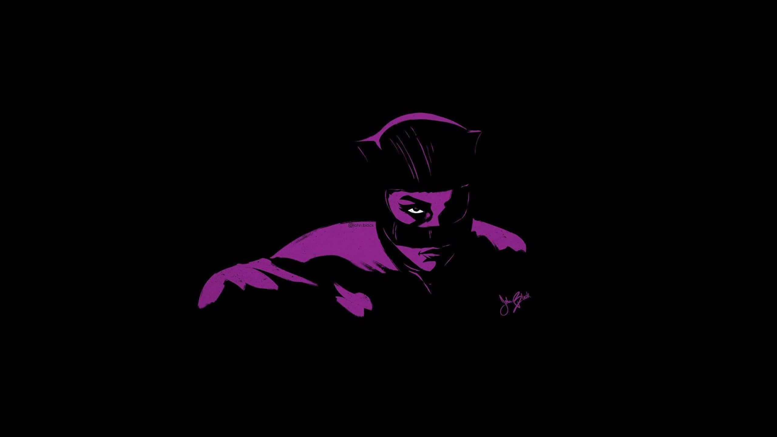 Catwoman 桌布 壁紙 — 一個戴面具的人物在黑色背景上呈現出引人注目的紫色剪影，眼睛發光。