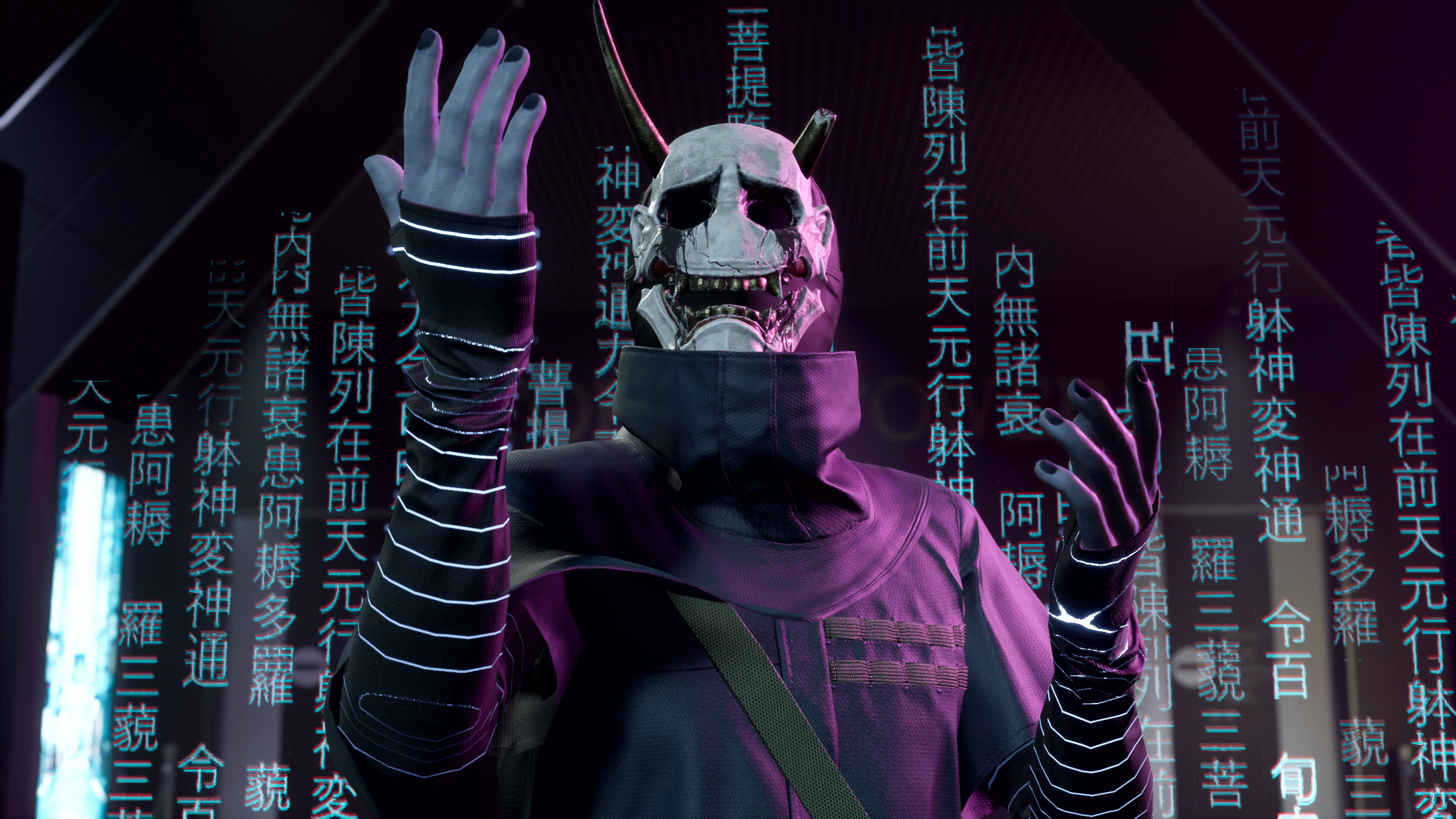Ghostwire Tokyo 桌布 壁紙 — 一個戴面具的人物穿著深色連帽衫，在霓虹紫和藍光中漂浮的中文字元背景下舉起發光的雙手。