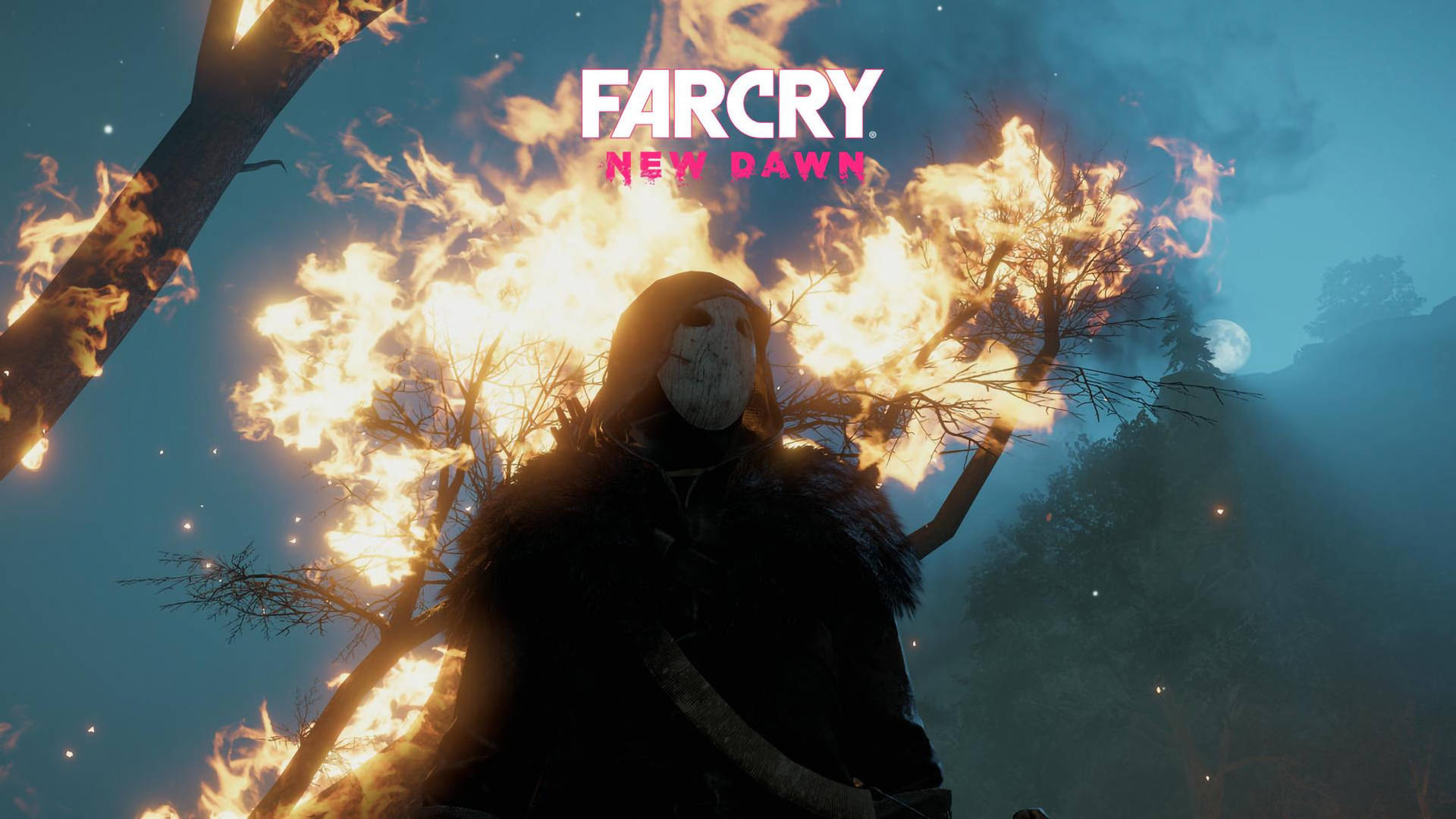 New 桌布 壁紙 — 一個戴面具的人物站在月光下的熊熊烈火前，Far Cry New Dawn 標誌在上方發光。