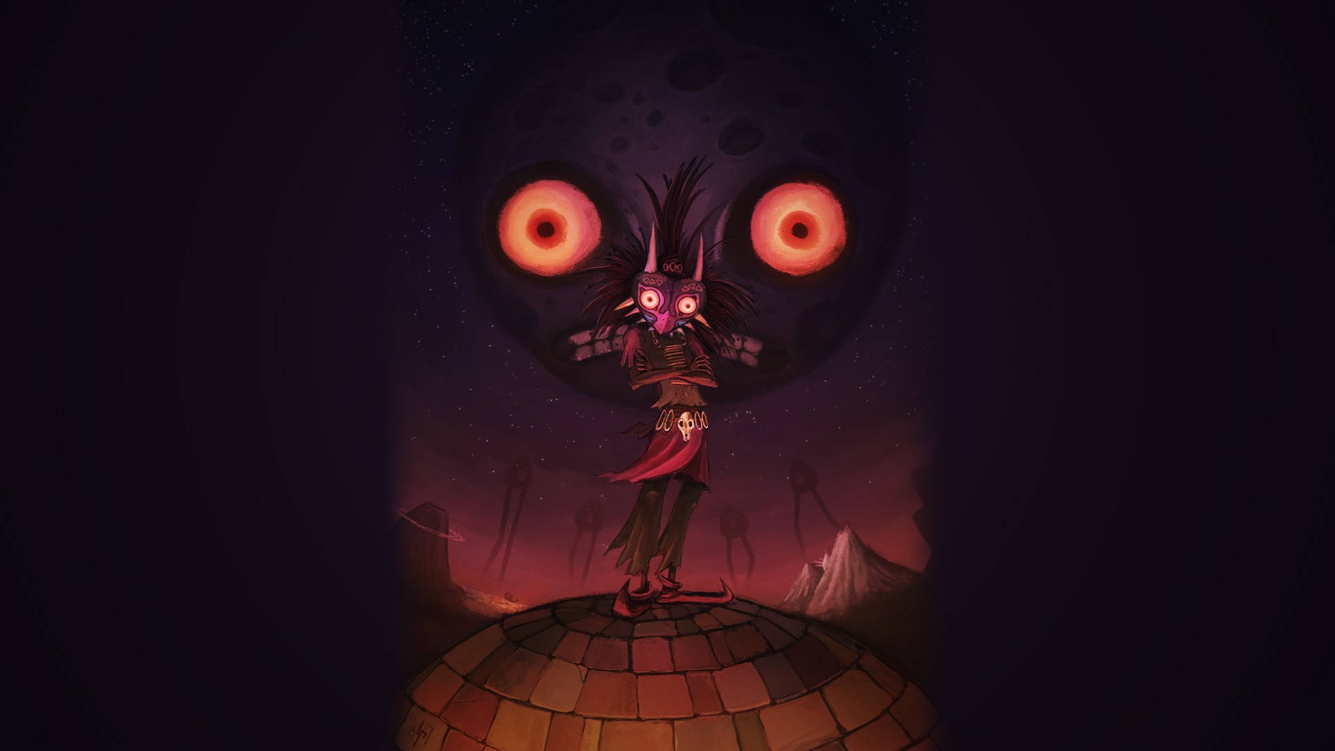 Majora's Mask 桌布 壁紙 — 一個戴面具的人物站在瓷磚圓頂上，下方是巨大的月亮，月亮有發光的橙色眼睛，背景是黑暗的超現實景觀。