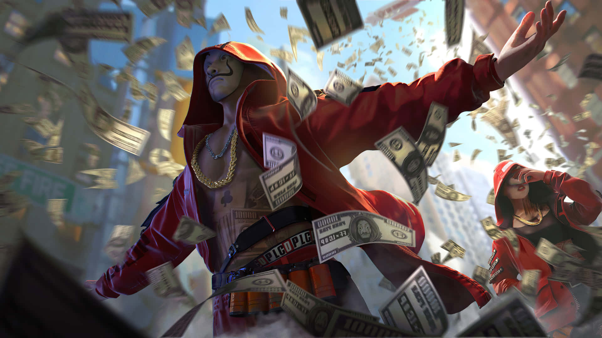 Money Heist Mask 桌布 壁紙 — 一個戴面具的人穿著紅色連帽衫，在城市景觀中將錢拋向空中，附近有另一個戴帽的人。