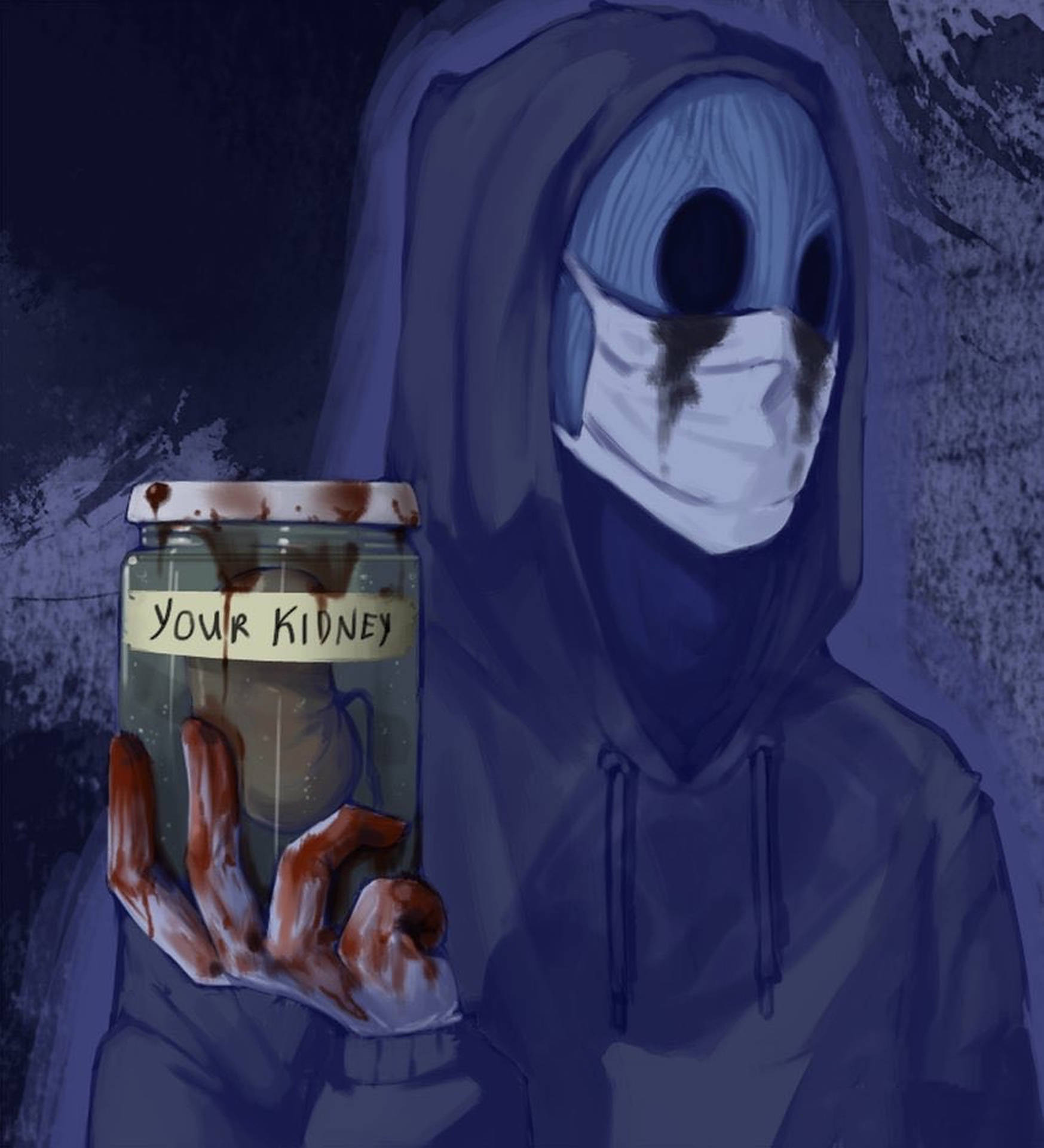 Eyeless Jack 桌布 壁紙 — 一個戴面具的兜帽人物，手持一個標有「你的腎臟」、沾滿血跡的罐子，背景為深色紋理。