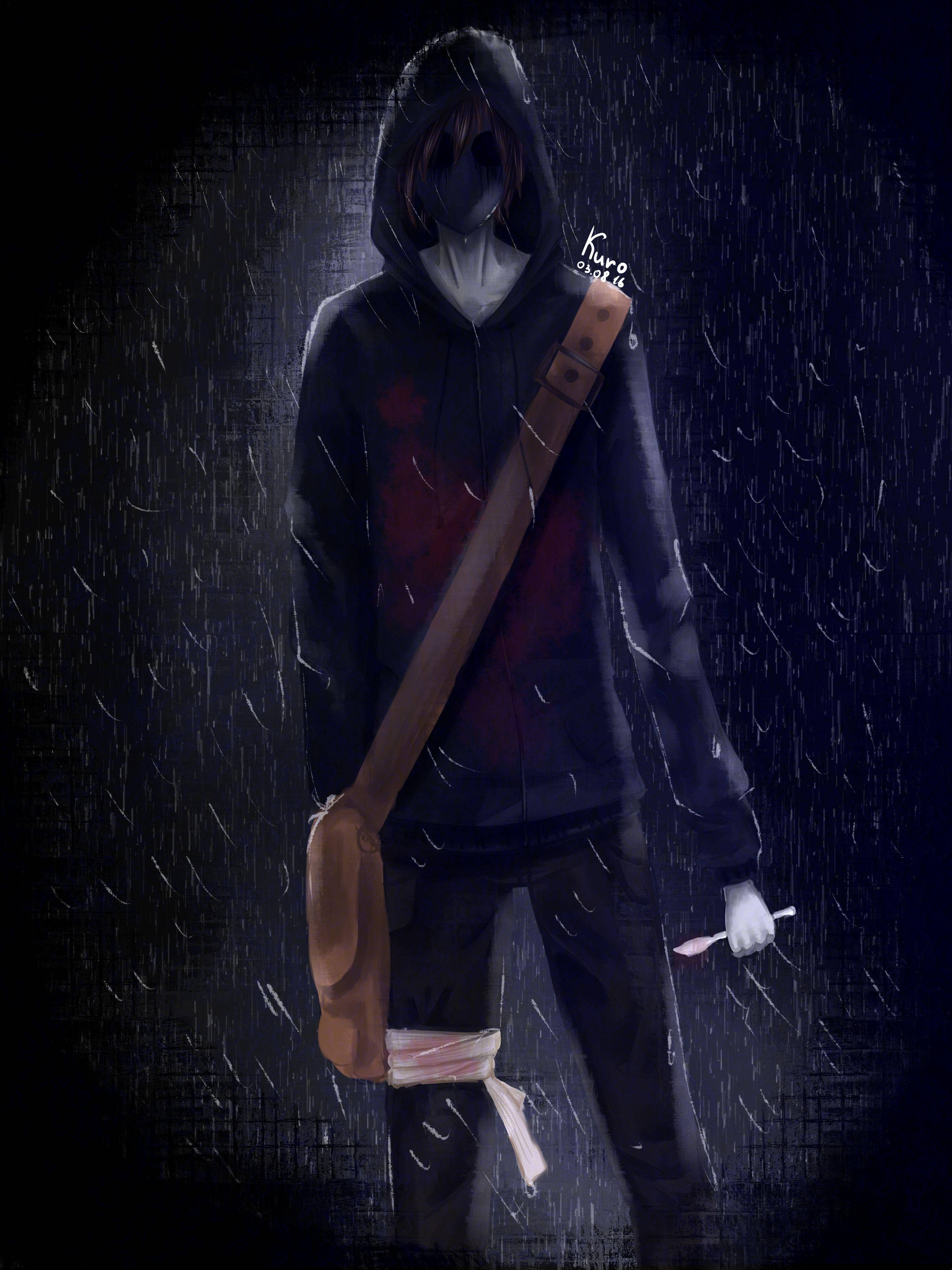 Eyeless Jack 桌布 壁紙 — 一個戴面具的兜帽人物站在傾盆大雨中，手持一把刀和一個袋子，被單一燈光照亮，背景漆黑。