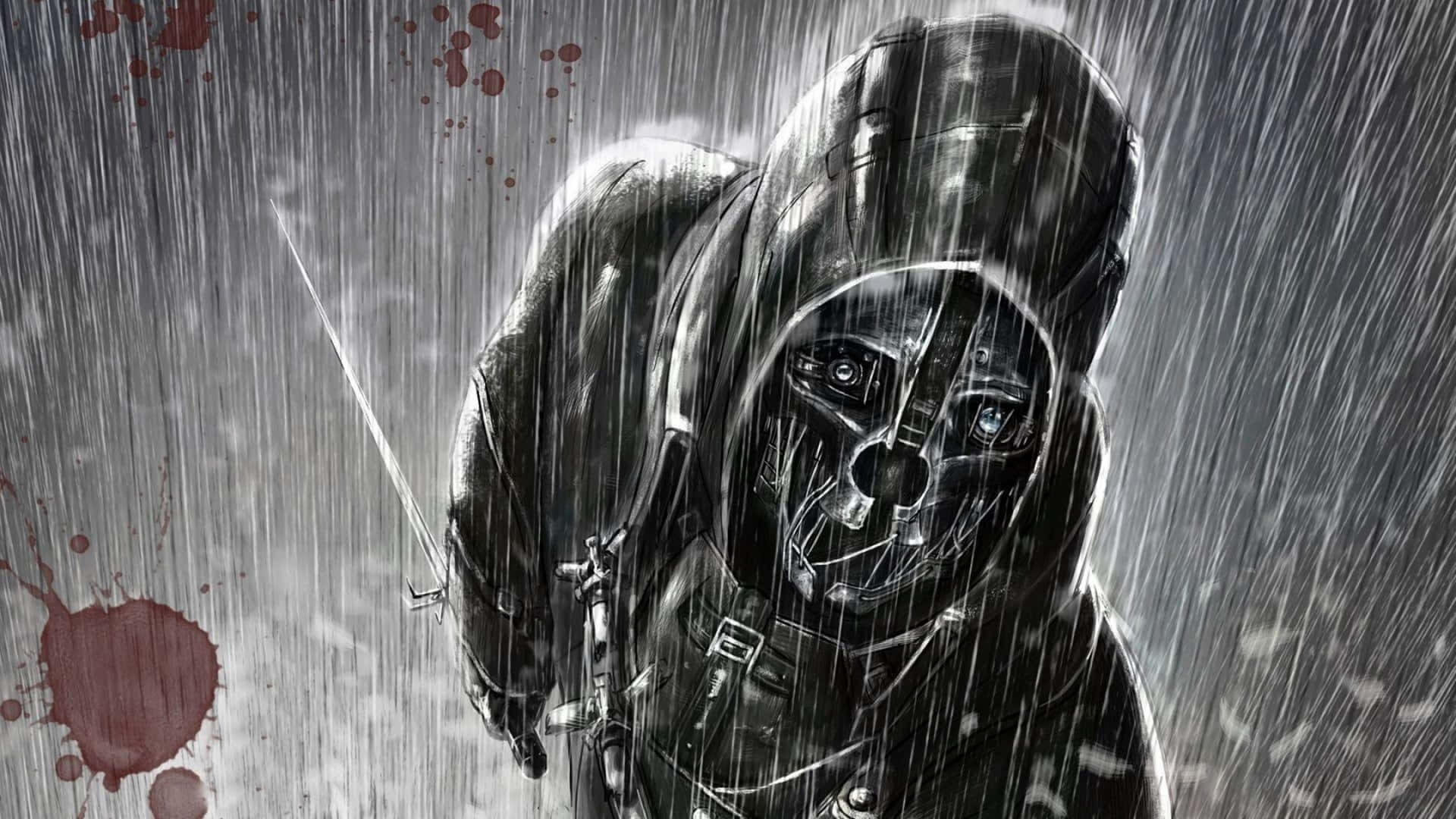 一個戴面具的刺客在雨中手持一把沾滿血漬的劍。 — 4K 壁紙