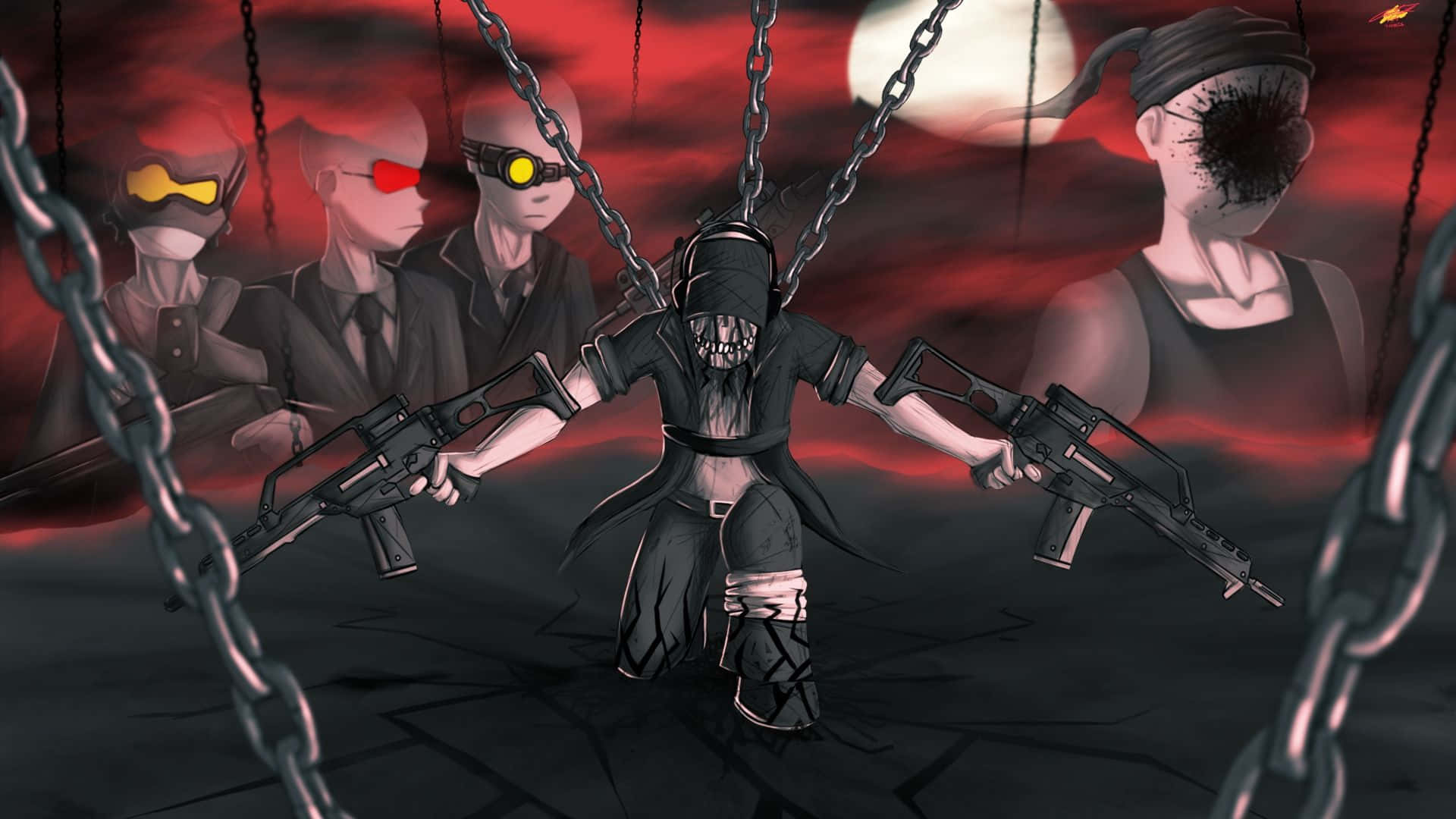 Madness Combat 桌布 壁紙 — 一個戴面具的動漫人物被鎖鏈吊起，手持兩支步槍，背景是血紅色的天空，後面有陰森的戴面具人物若隱若現。